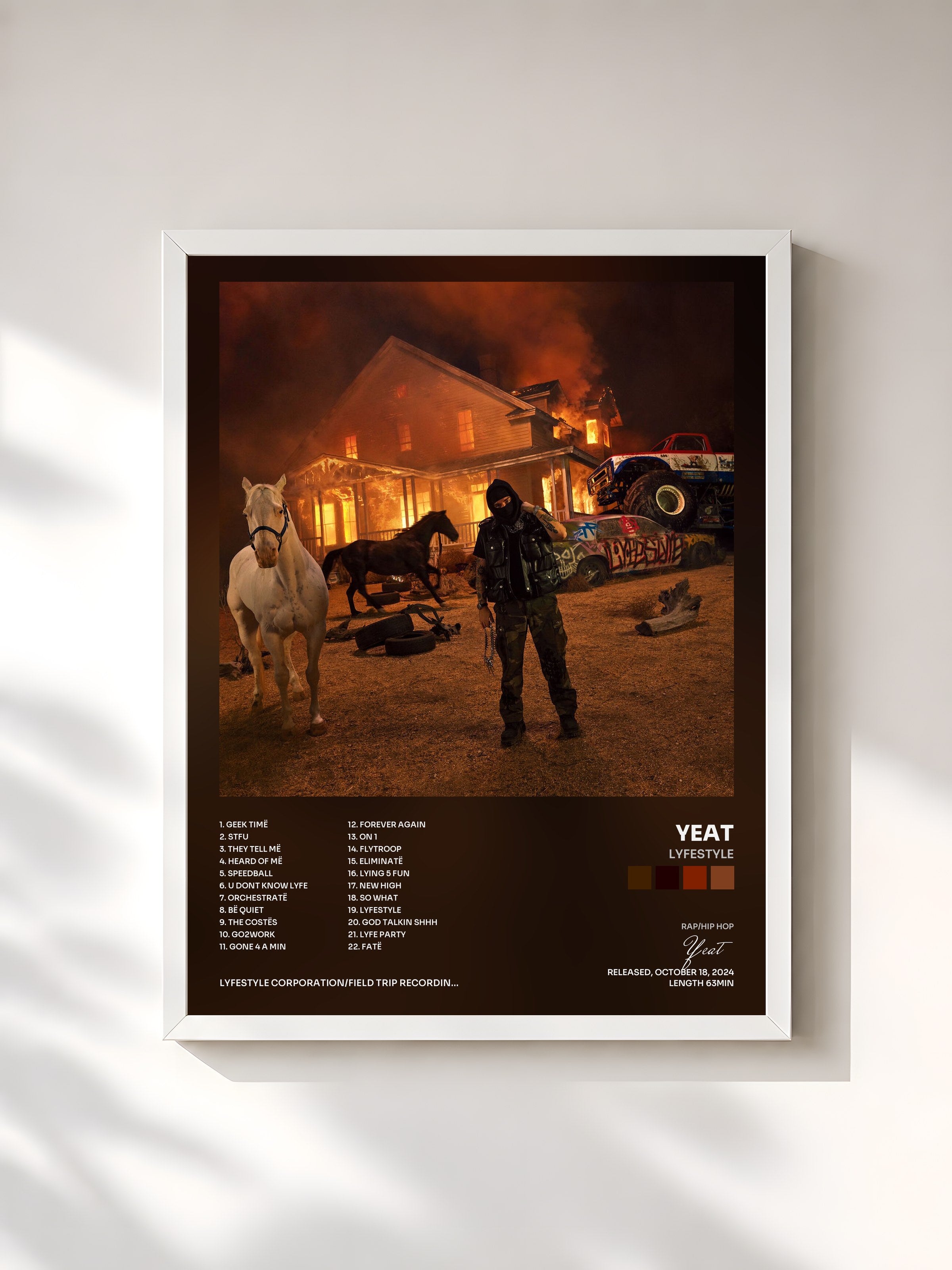 #blanc Tableau de l'album LYFESTYLE de Yeat, cadre blanc, imprimé et encadré en France