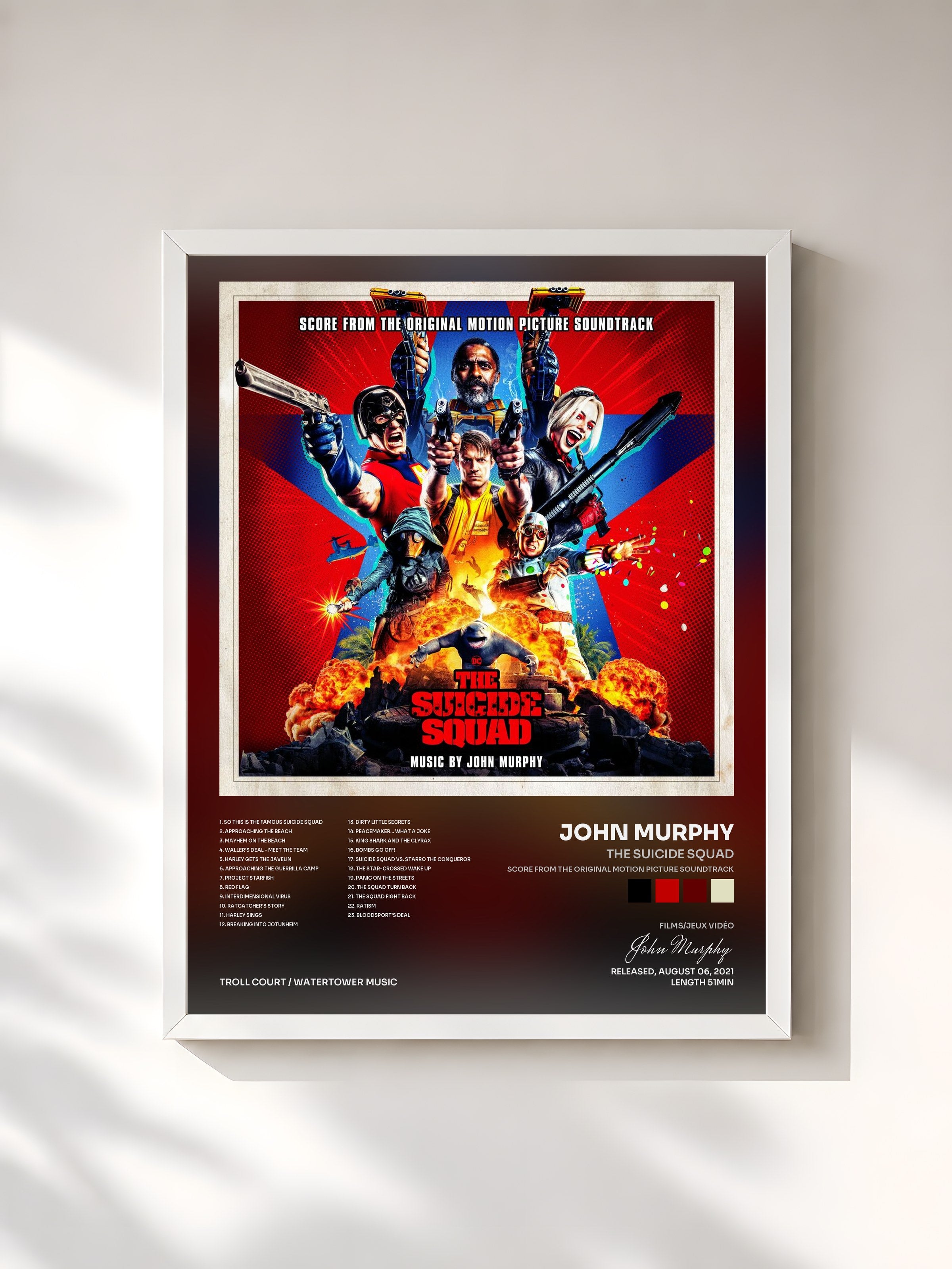 #blanc Tableau de l'album The Suicide Squad (Score from the Original Motion Picture Soundtrack) de John Murphy, cadre blanc, imprimé et encadré en France