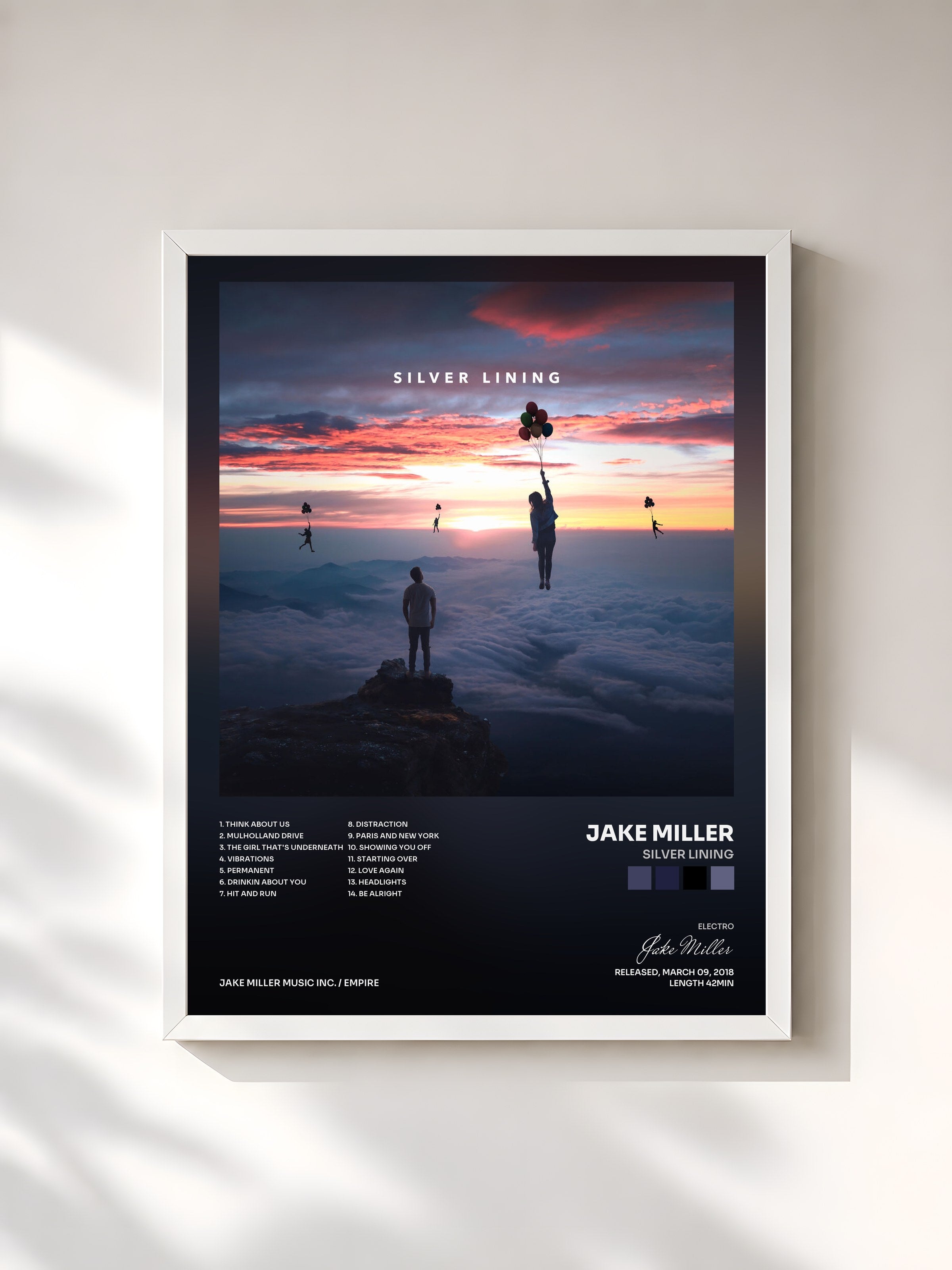 #blanc Tableau de l'album Silver Lining de Jake Miller, cadre blanc, imprimé et encadré en France
