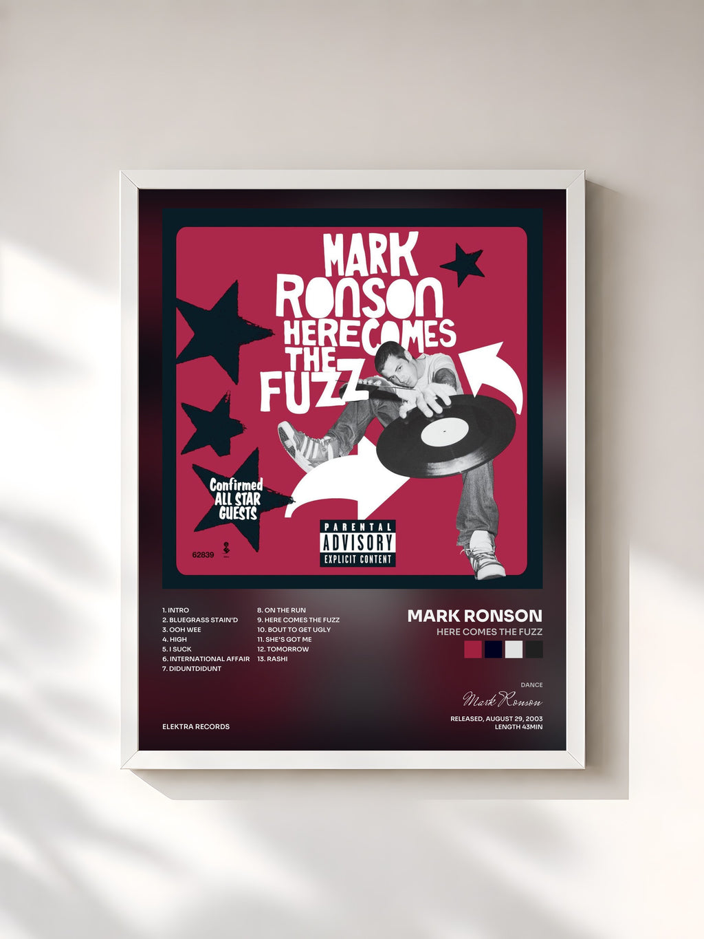 #blanc Tableau de l'album Here Comes The Fuzz de Mark Ronson, cadre blanc, imprimé et encadré en France