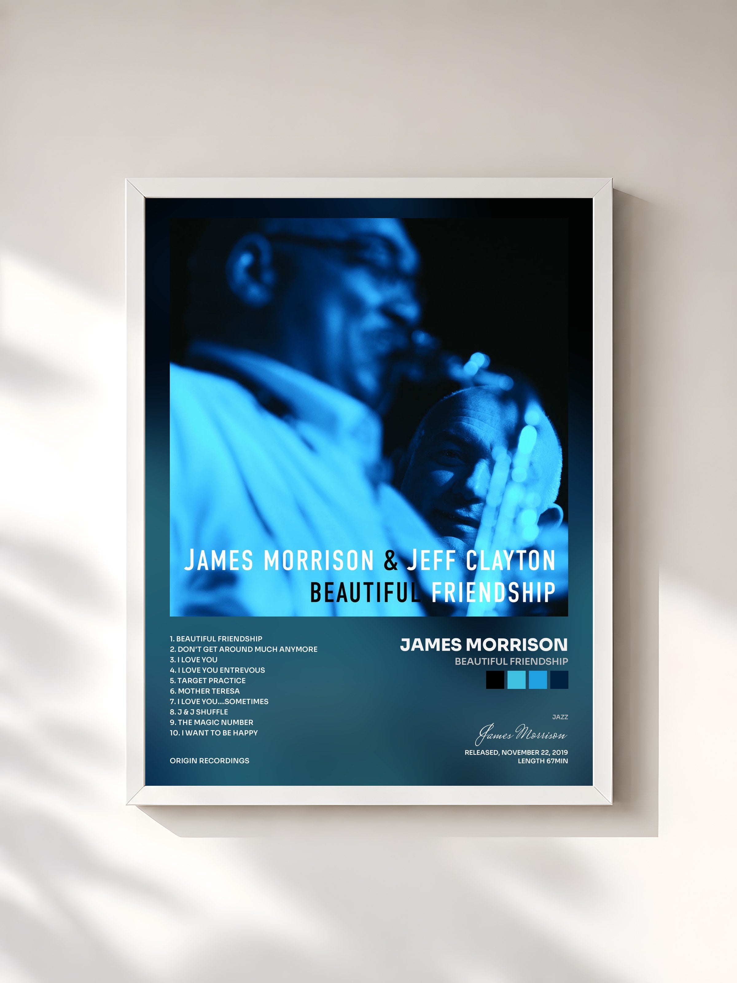 #blanc Tableau de l'album Beautiful Friendship de James Morrison, cadre blanc, imprimé et encadré en France