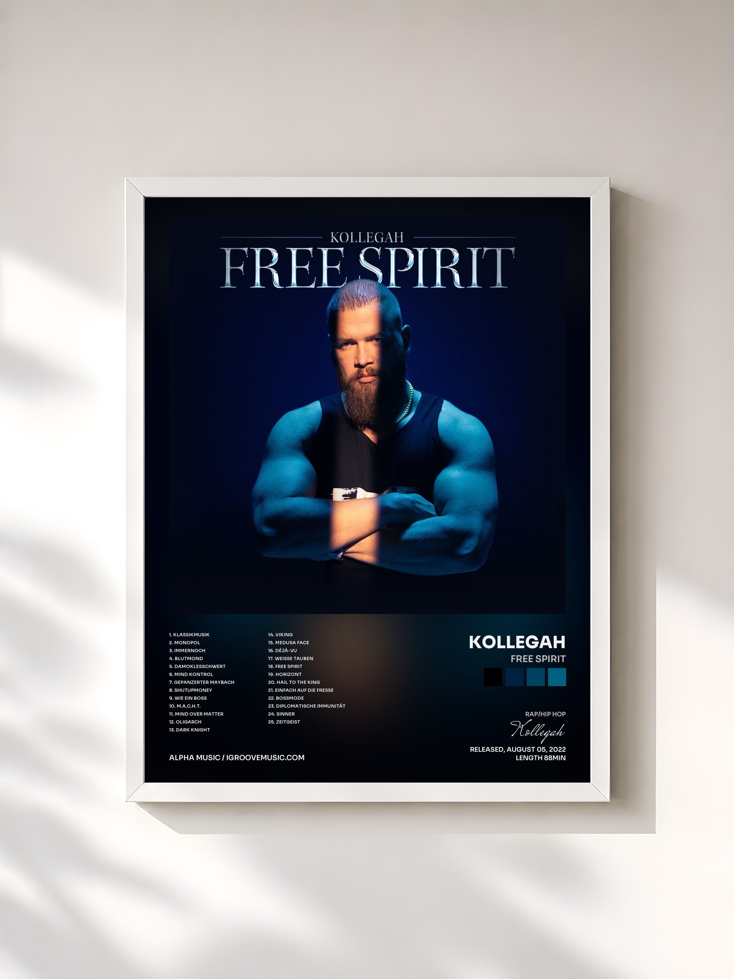 #blanc Tableau de l'album FREE SPIRIT de Kollegah, cadre blanc, imprimé et encadré en France