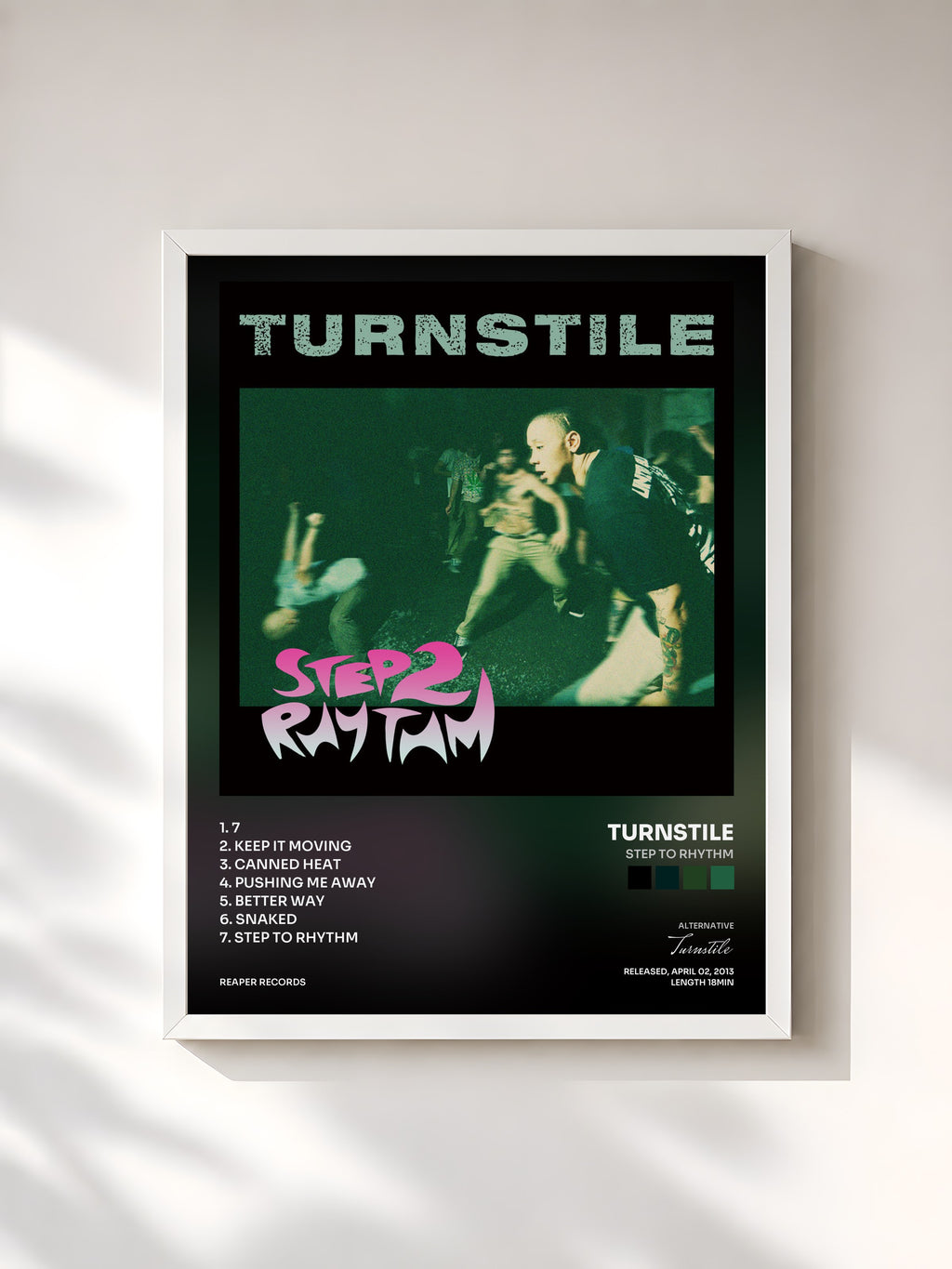#blanc Tableau de l'album Step to Rhythm de Turnstile, cadre blanc, imprimé et encadré en France