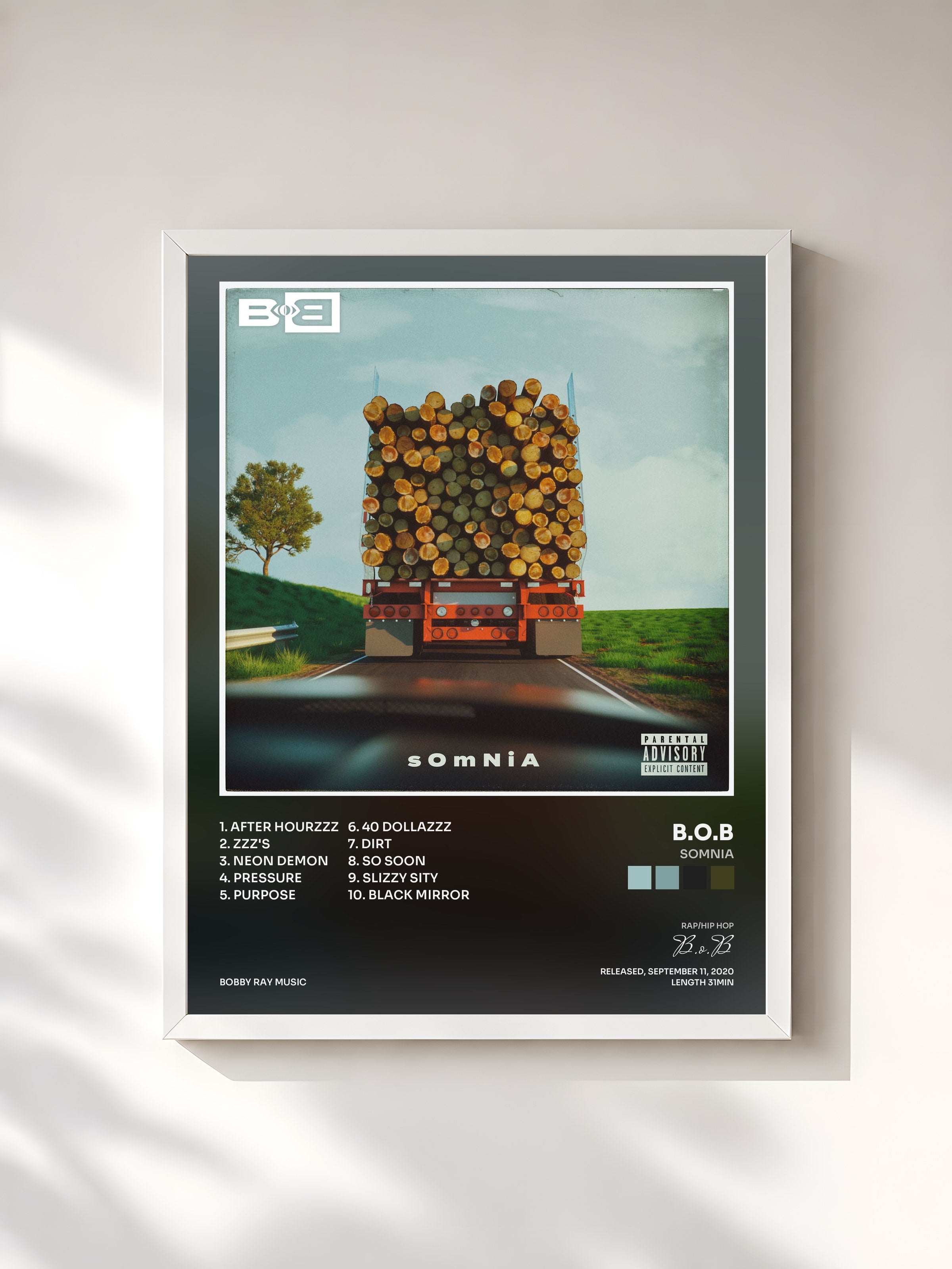 #blanc Tableau de l'album Somnia de B.o.B, cadre blanc, imprimé et encadré en France