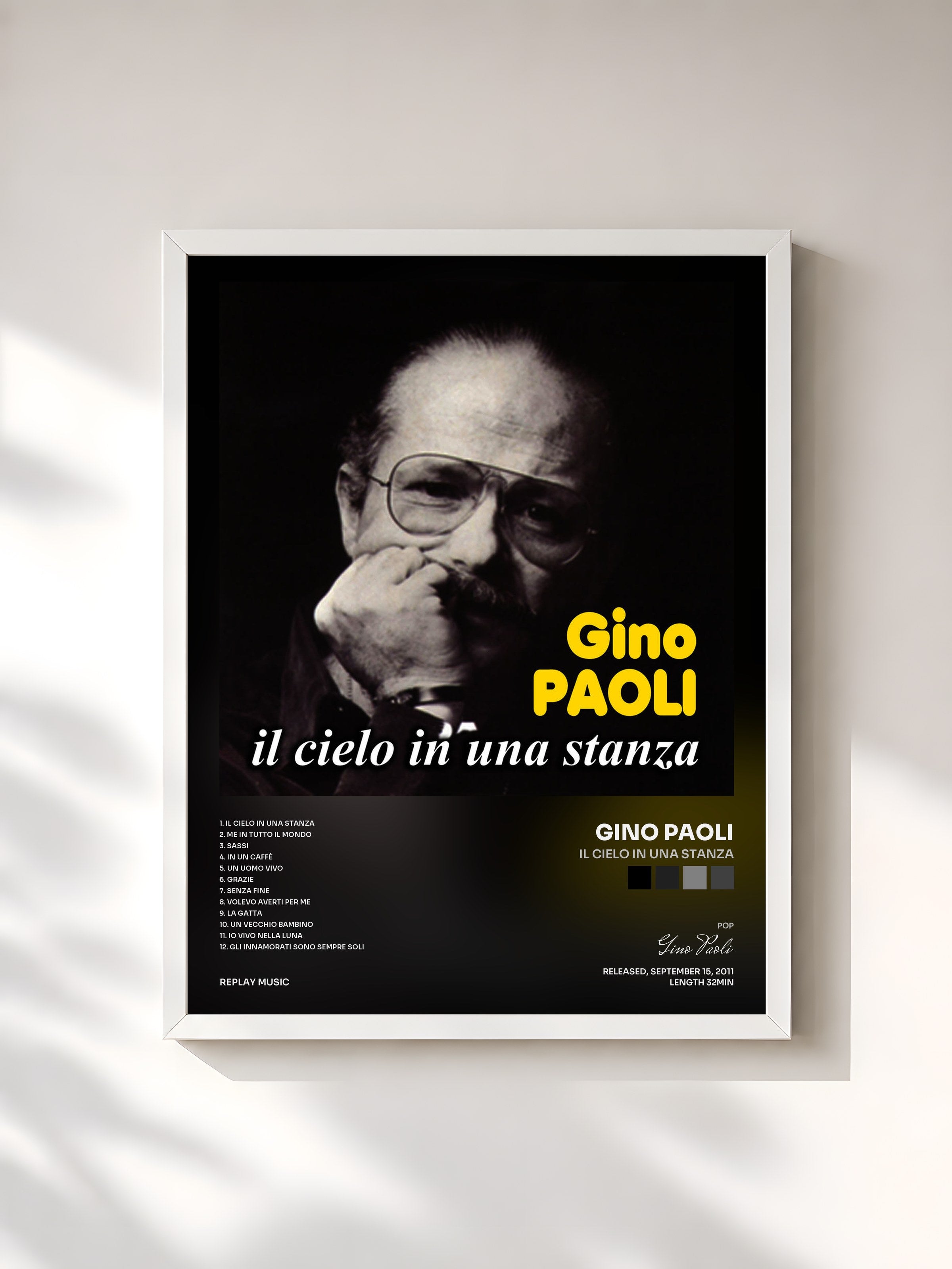 #blanc Tableau de l'album Il cielo in una stanza de Gino Paoli, cadre blanc, imprimé et encadré en France