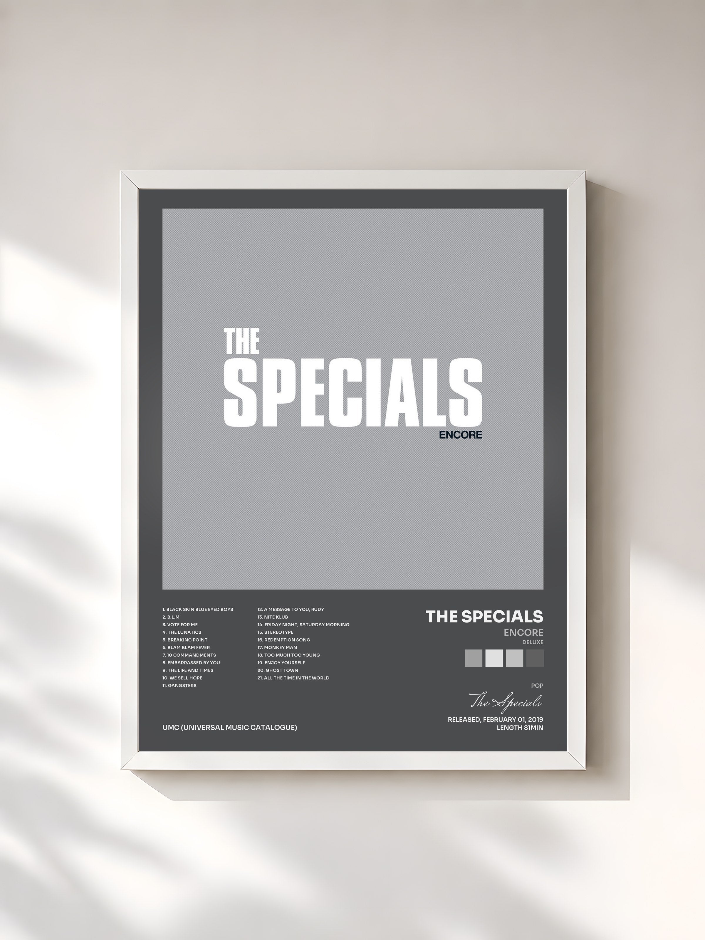 #blanc Tableau de l'album Encore (Deluxe) de The Specials, cadre blanc, imprimé et encadré en France