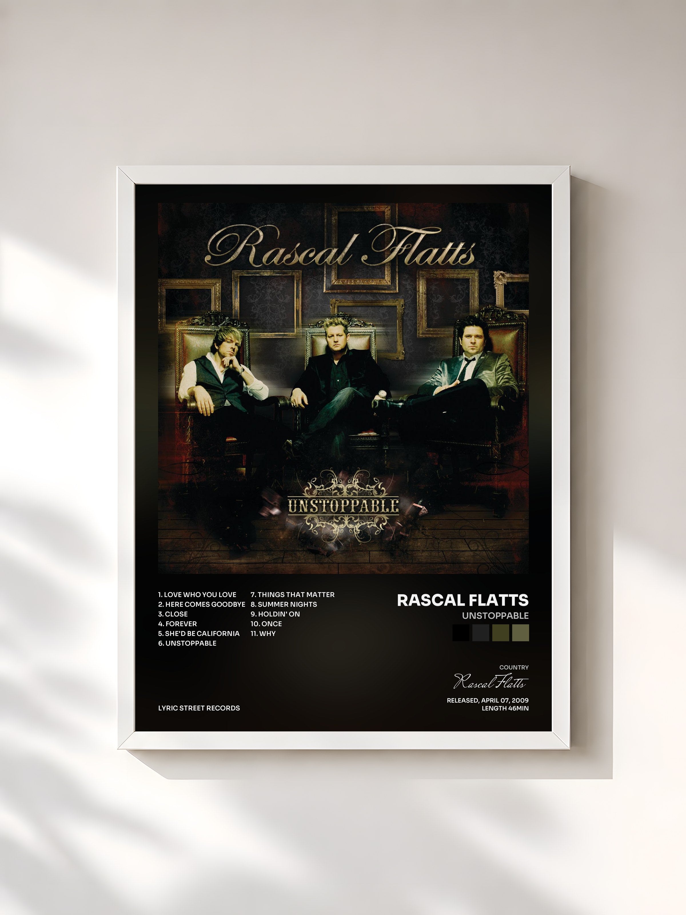 #blanc Tableau de l'album Unstoppable de Rascal Flatts, cadre blanc, imprimé et encadré en France