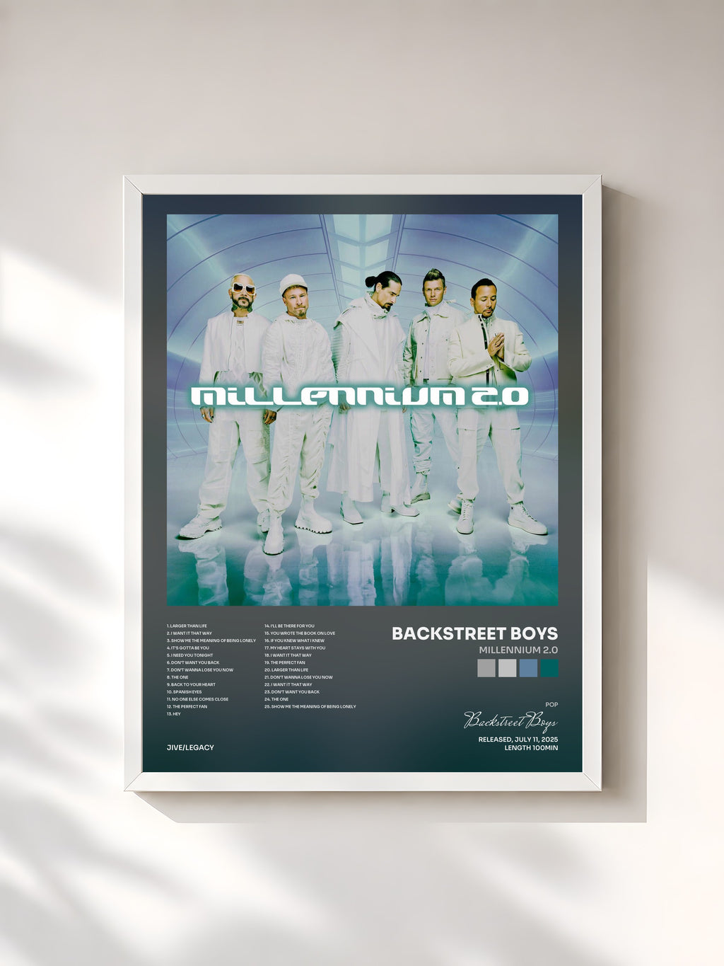 #blanc Tableau de l'album Millennium 2.0 de Backstreet Boys, cadre blanc, imprimé et encadré en France