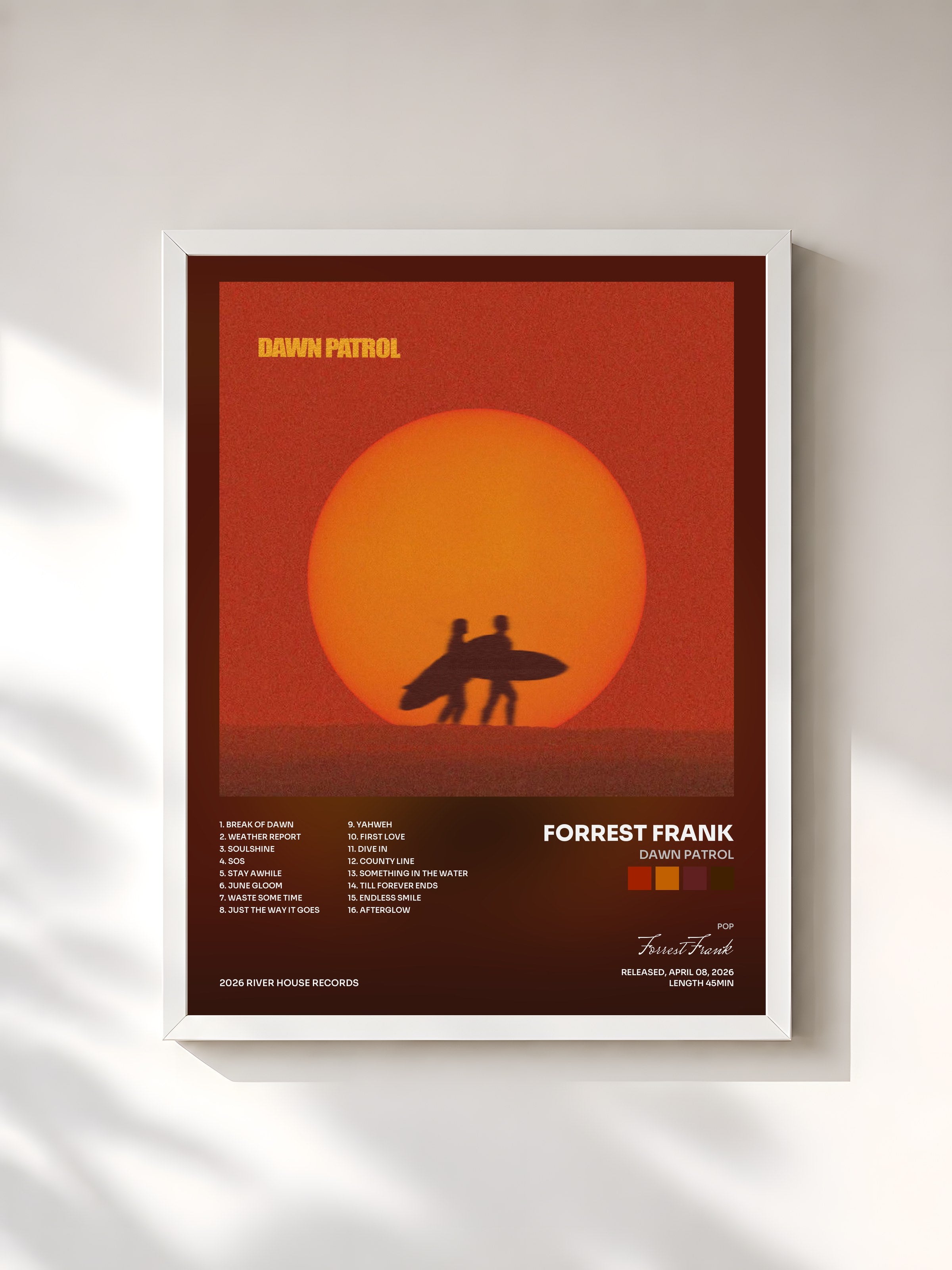 #blanc Tableau de l'album DAWN PATROL de Forrest Frank, cadre blanc, imprimé et encadré en France