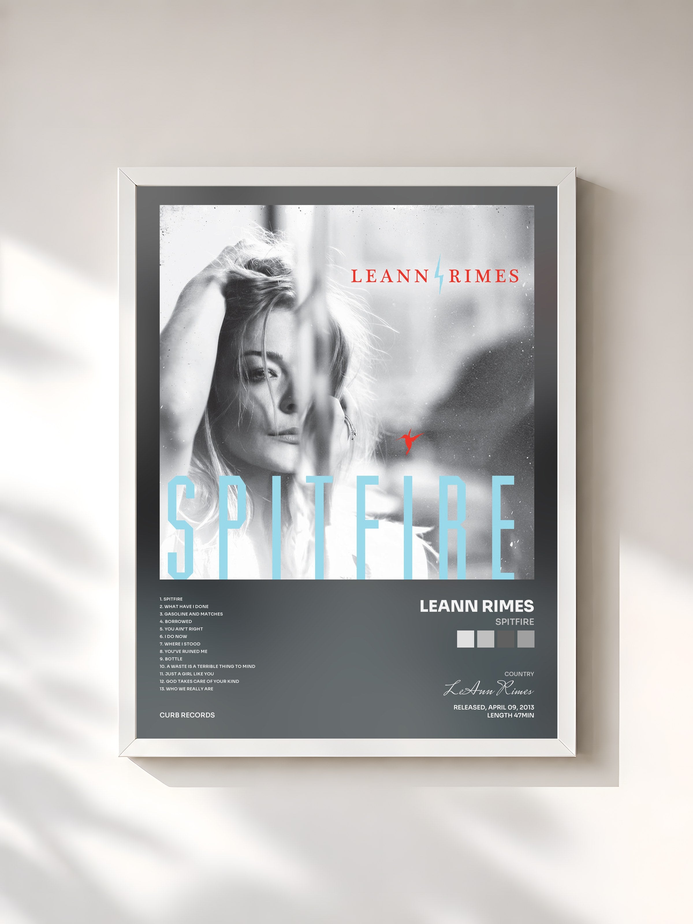 #blanc Tableau de l'album Spitfire de LeAnn Rimes, cadre blanc, imprimé et encadré en France