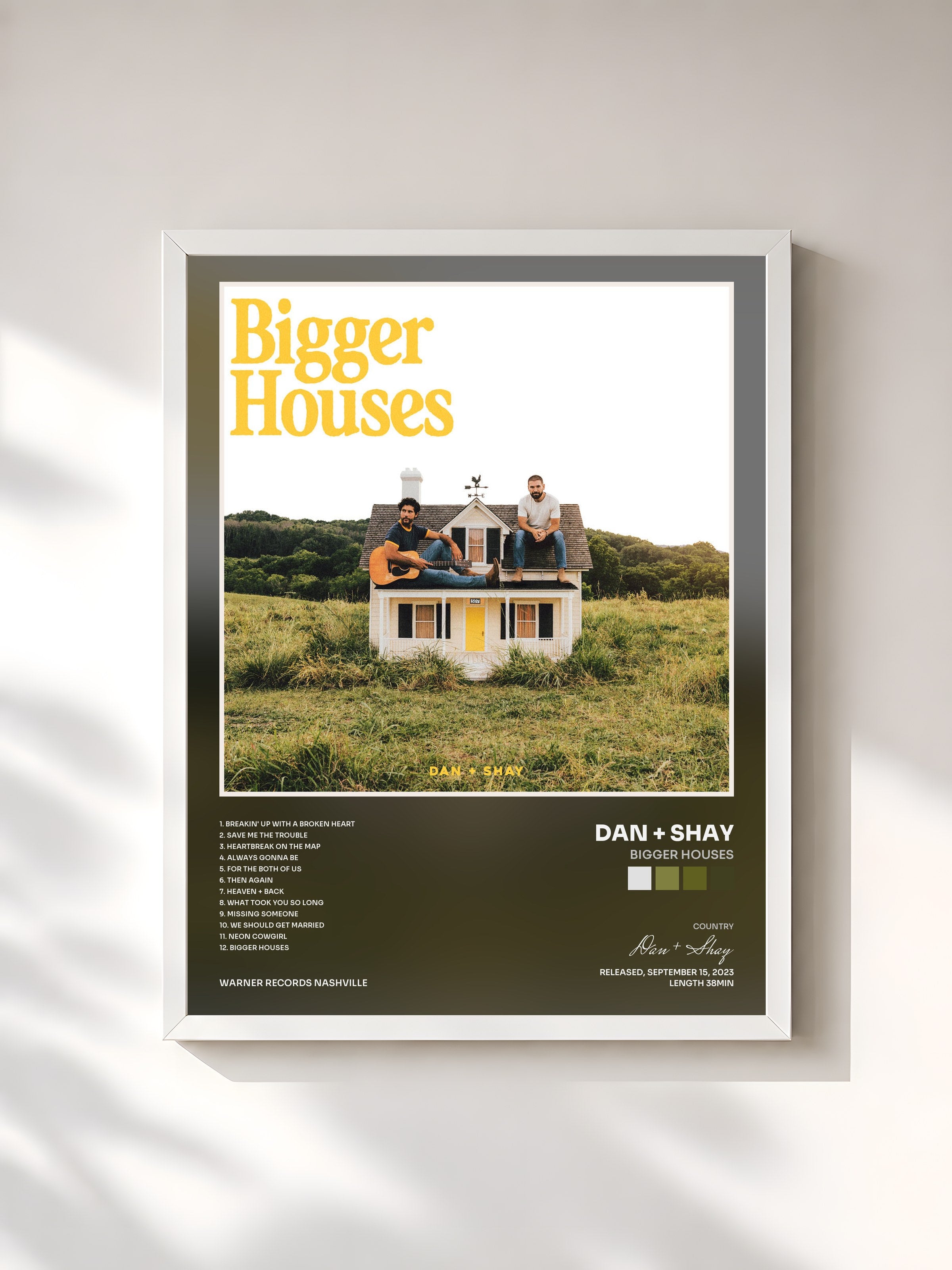#blanc Tableau de l'album Bigger Houses de Dan + Shay, cadre blanc, imprimé et encadré en France