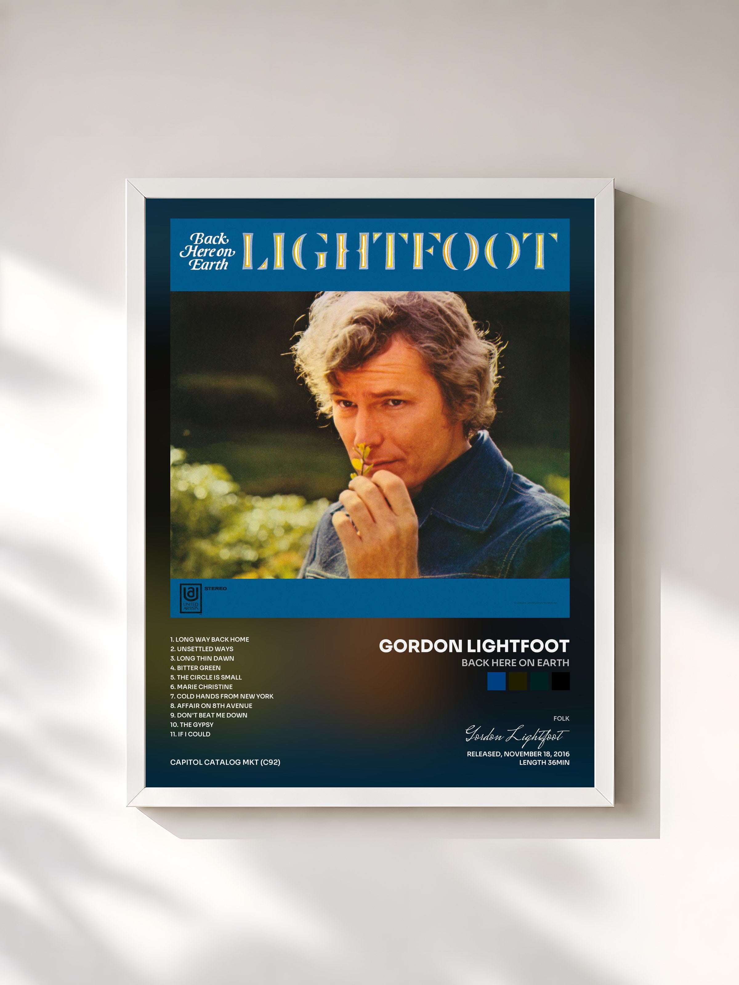 #blanc Tableau de l'album Back Here On Earth de Gordon Lightfoot, cadre blanc, imprimé et encadré en France