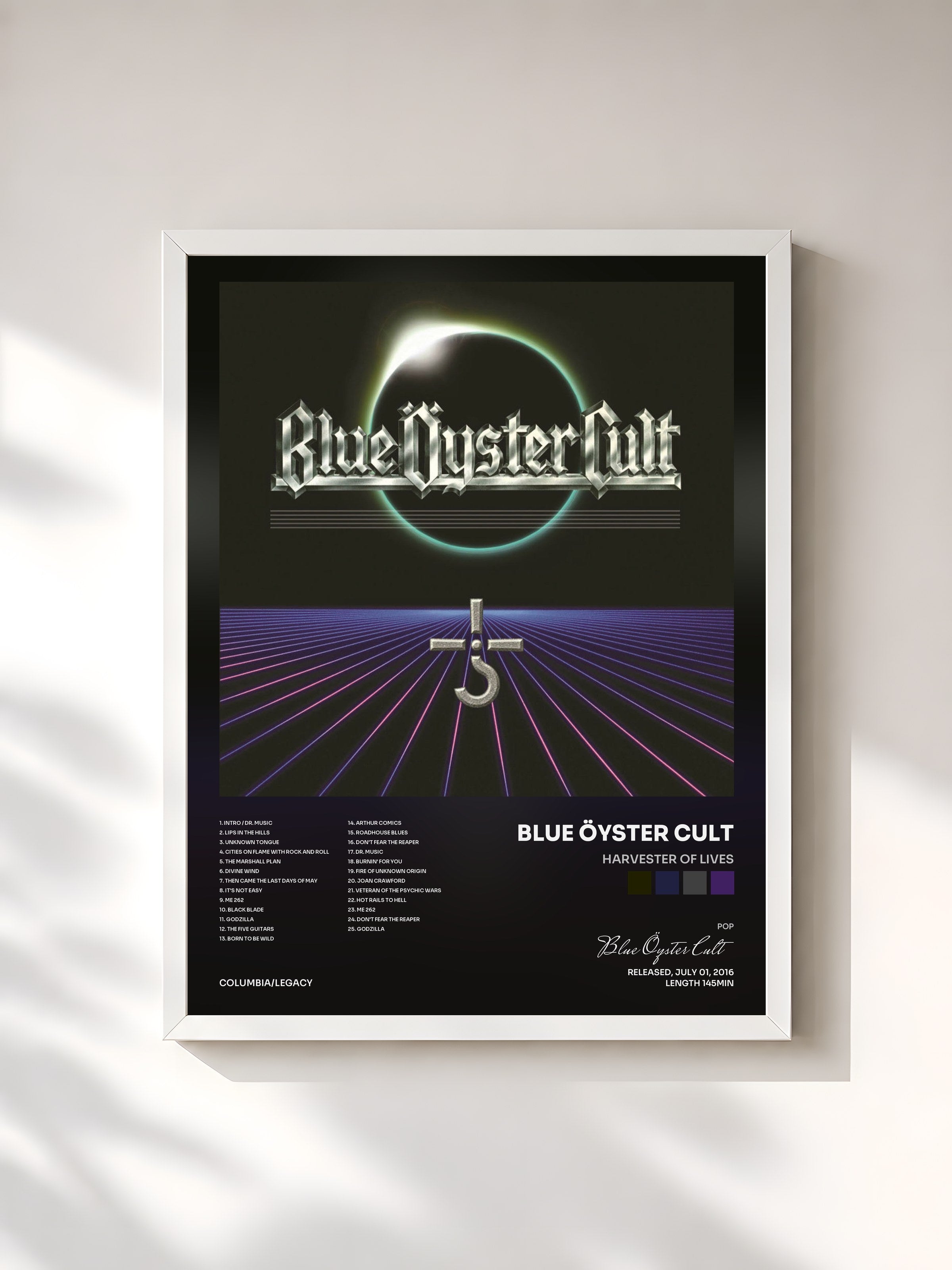 #blanc Tableau de l'album Harvester Of Lives de Blue Öyster Cult, cadre blanc, imprimé et encadré en France