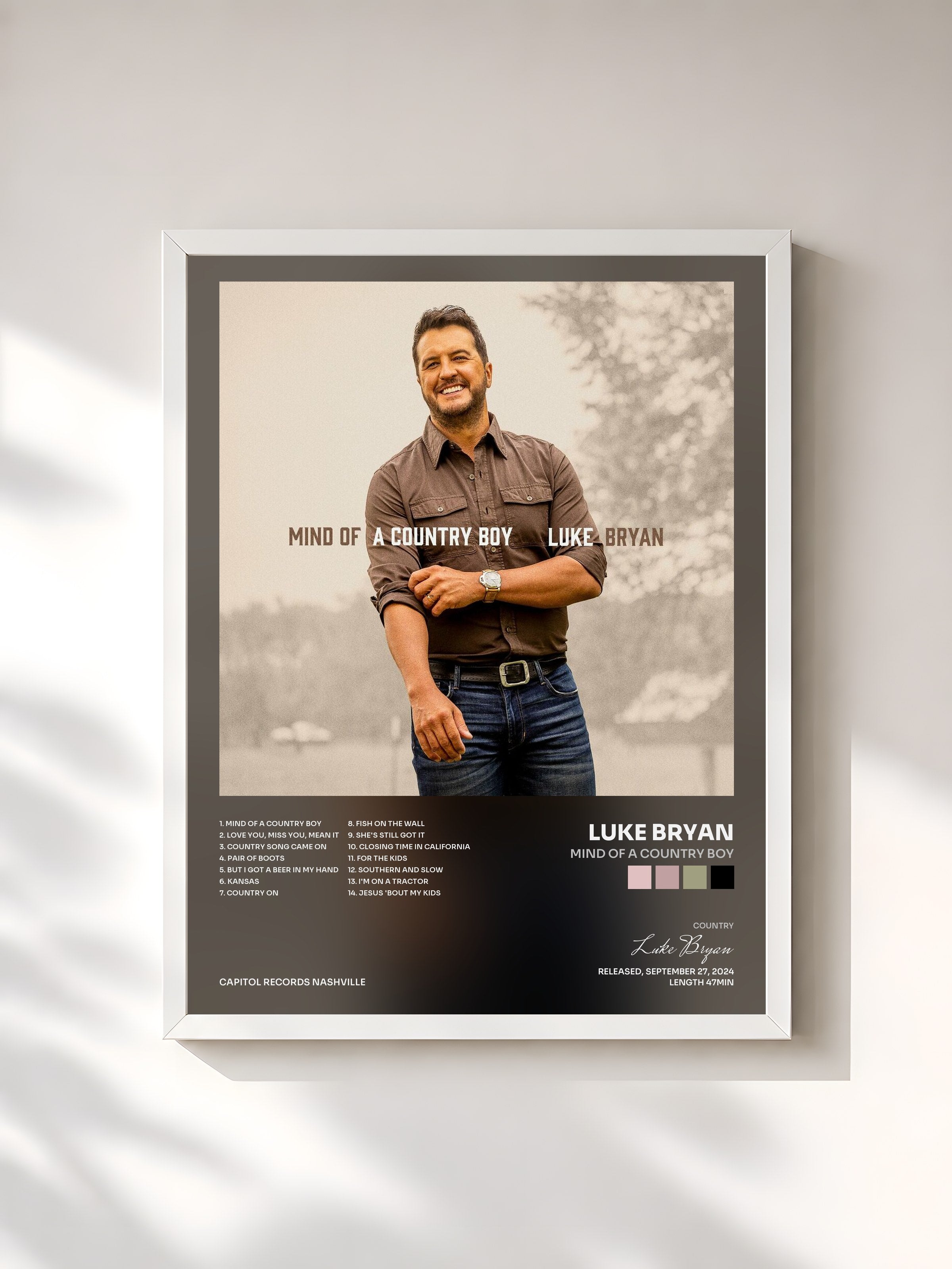 #blanc Tableau de l'album Mind Of A Country Boy de Luke Bryan, cadre blanc, imprimé et encadré en France