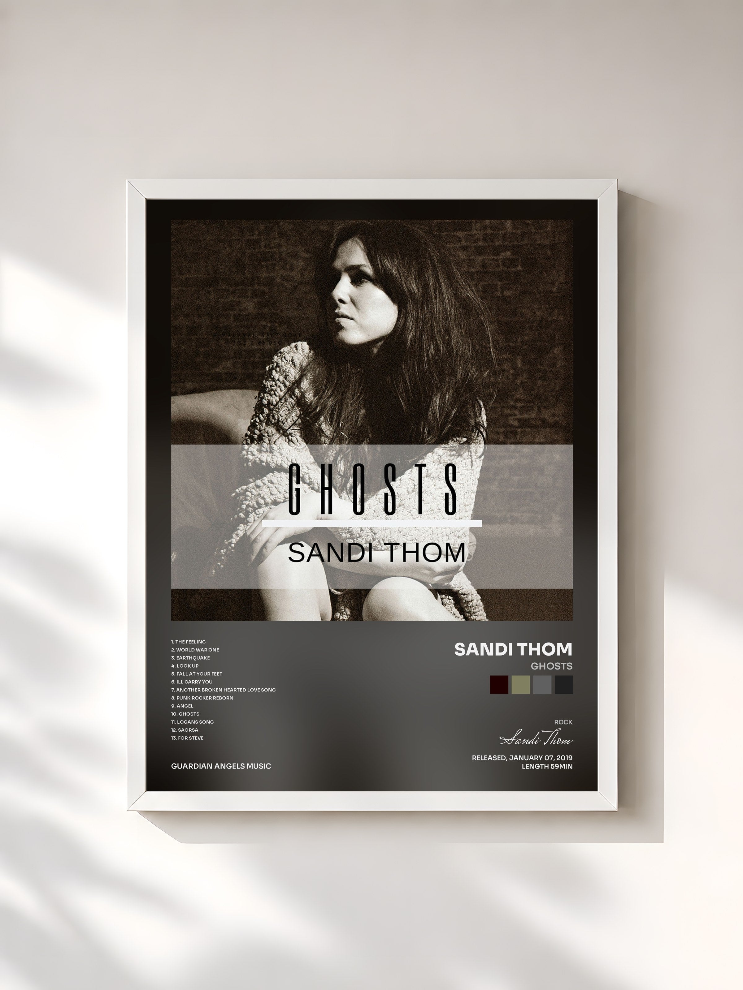 #blanc Tableau de l'album Ghosts de Sandi Thom, cadre blanc, imprimé et encadré en France