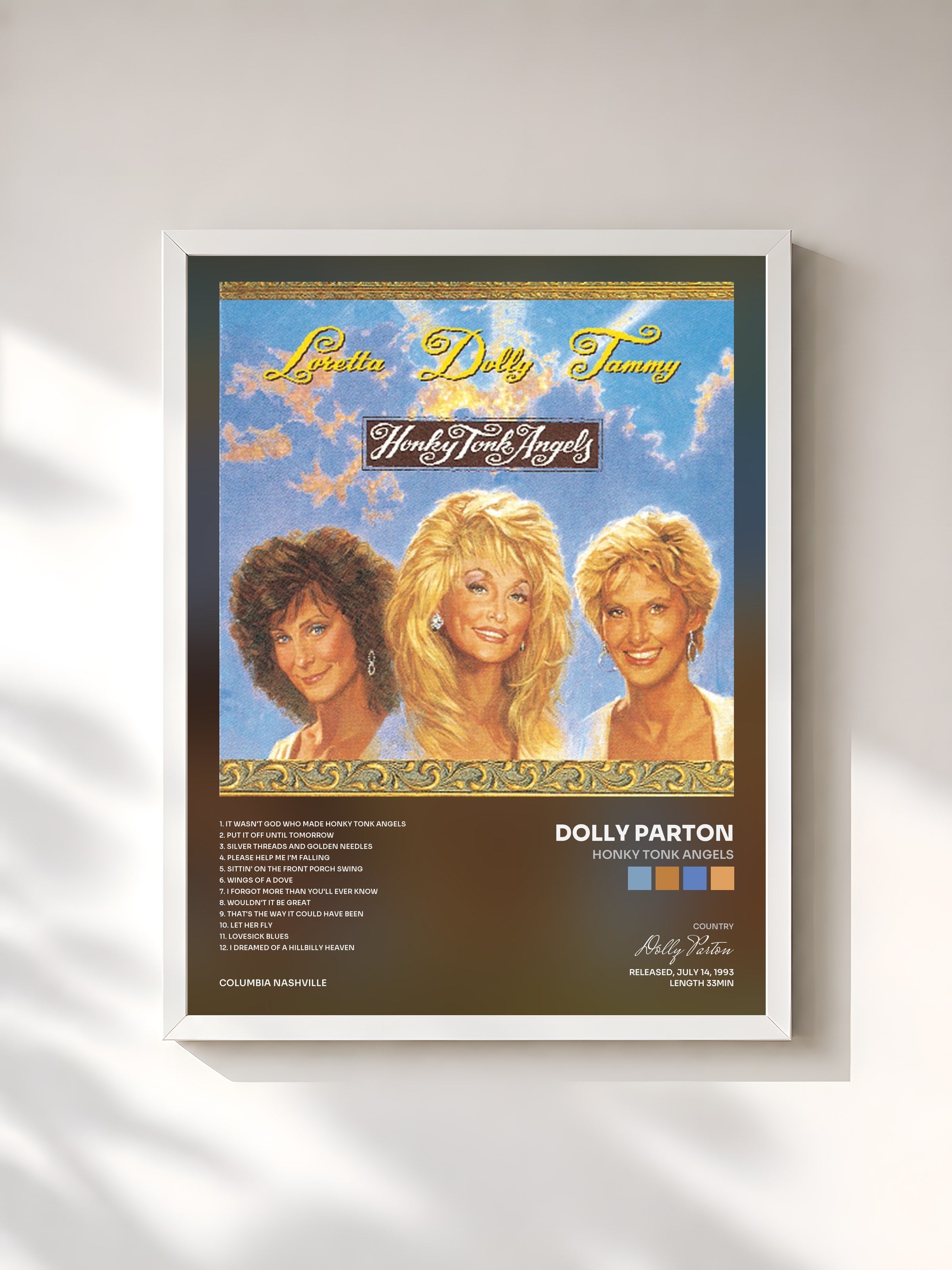 #blanc Tableau de l'album Honky Tonk Angels de Dolly Parton, cadre blanc, imprimé et encadré en France