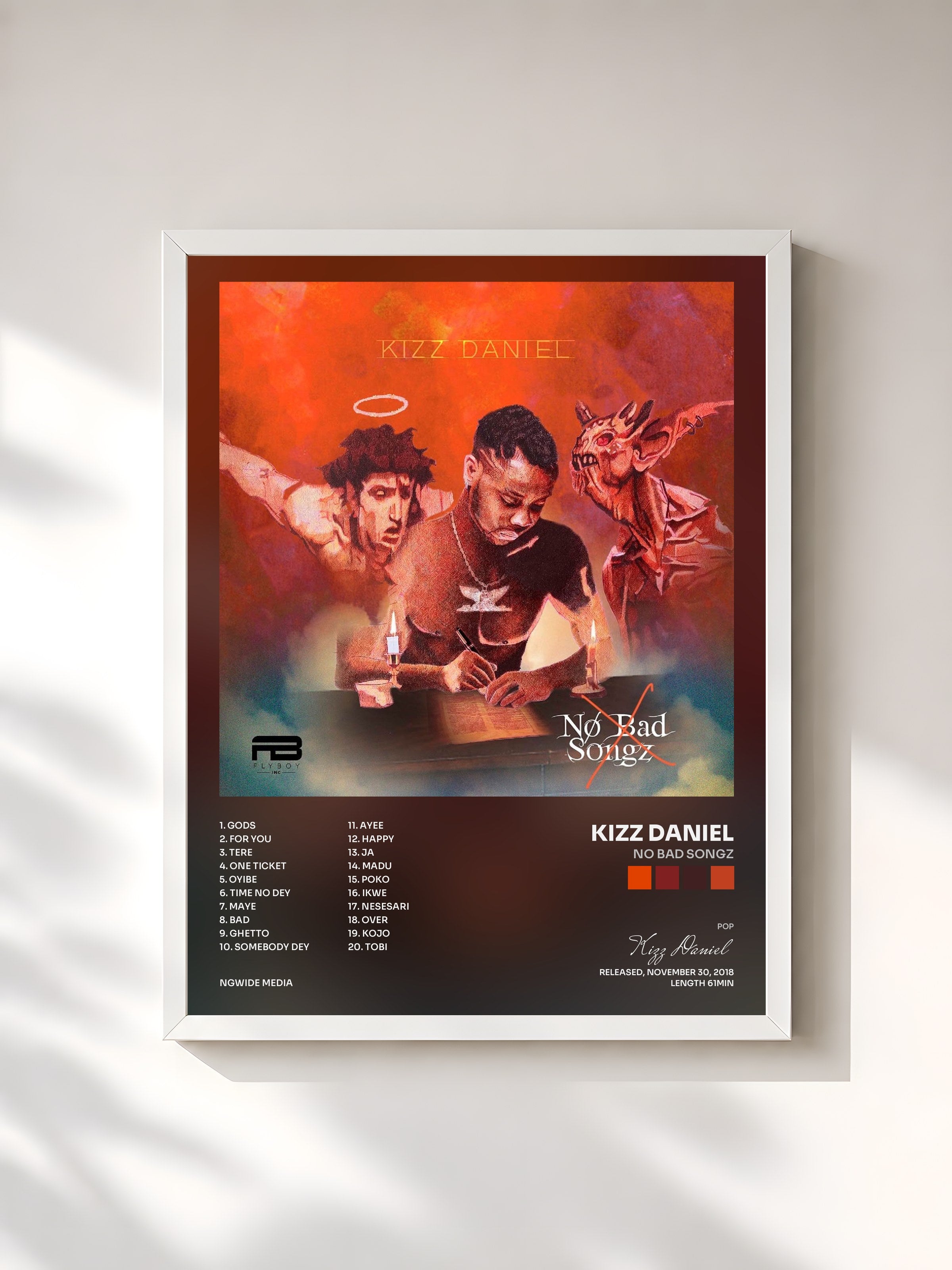 #blanc Tableau de l'album No Bad Songz de Kizz Daniel, cadre blanc, imprimé et encadré en France