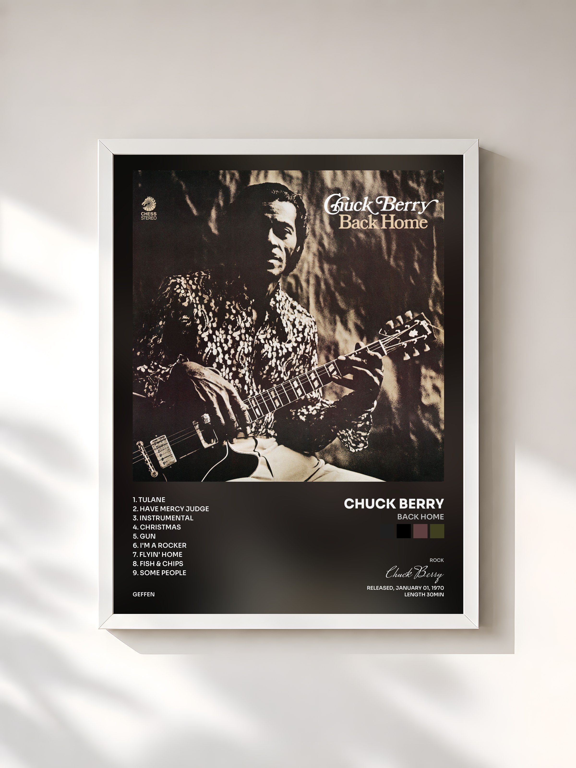 #blanc Tableau de l'album Back Home de Chuck Berry, cadre blanc, imprimé et encadré en France