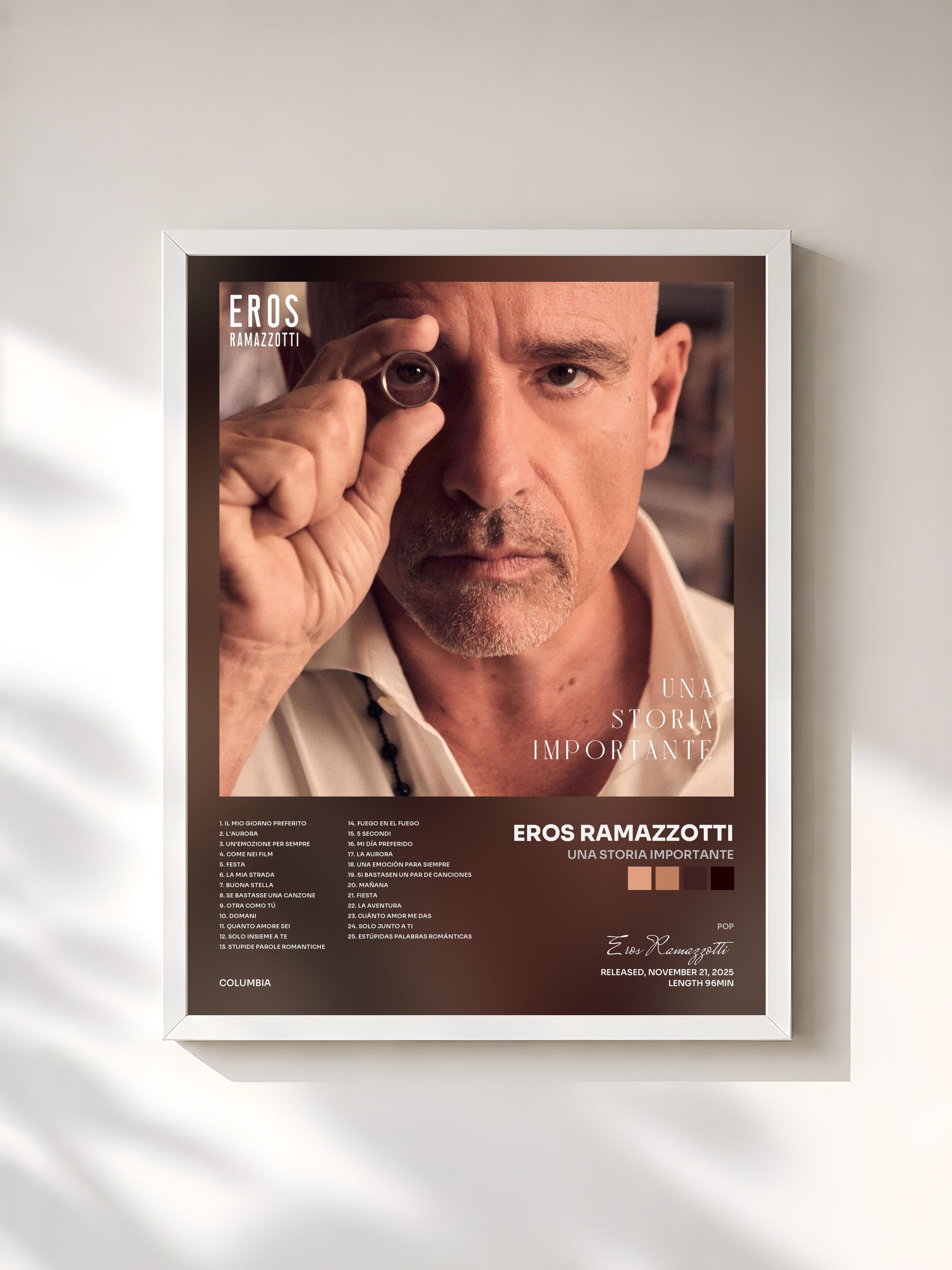 #blanc Tableau de l'album UNA STORIA IMPORTANTE de Eros Ramazzotti, cadre blanc, imprimé et encadré en France