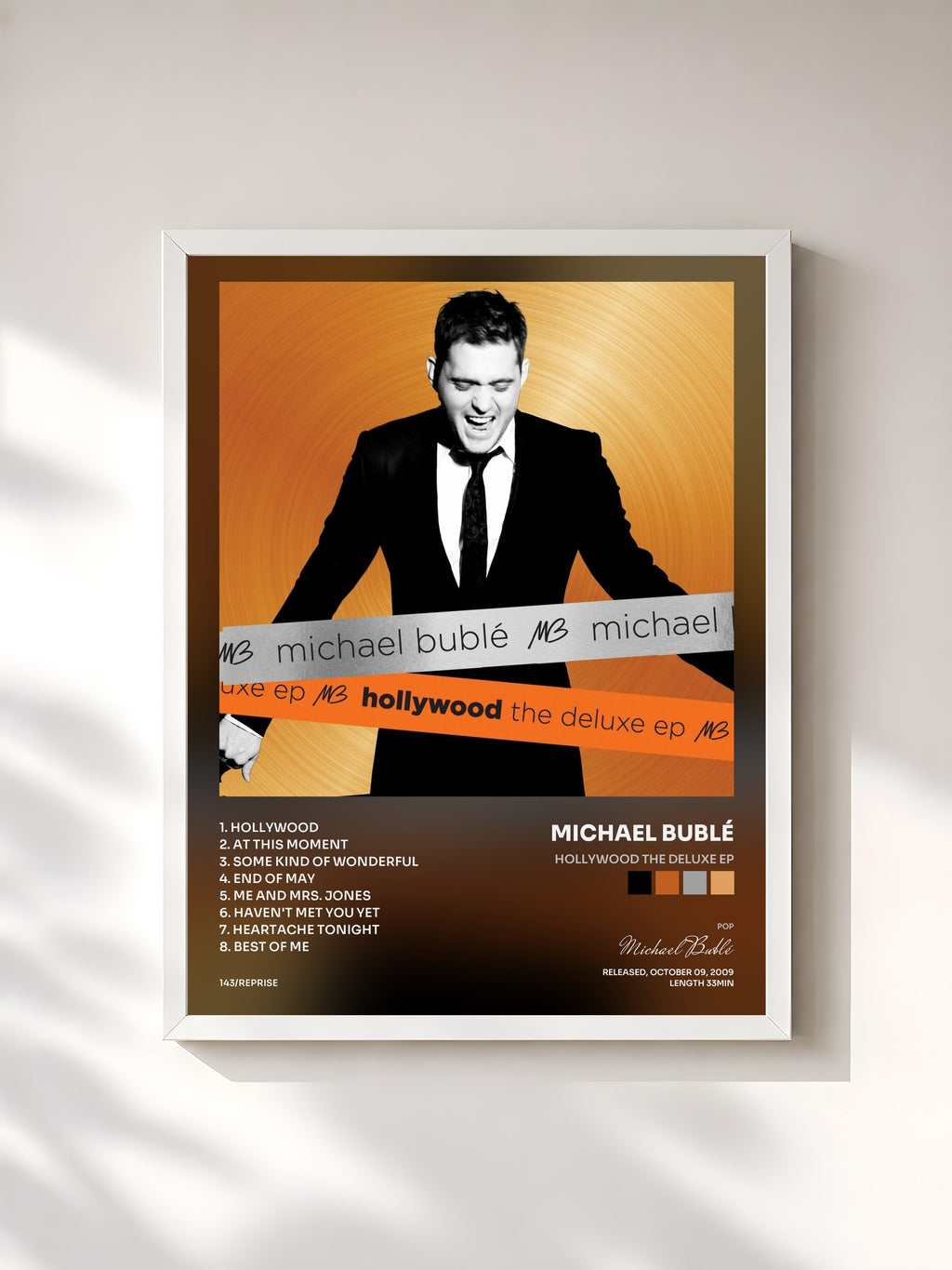 #blanc Tableau de l'album Hollywood The Deluxe EP de Michael Bublé, cadre blanc, imprimé et encadré en France