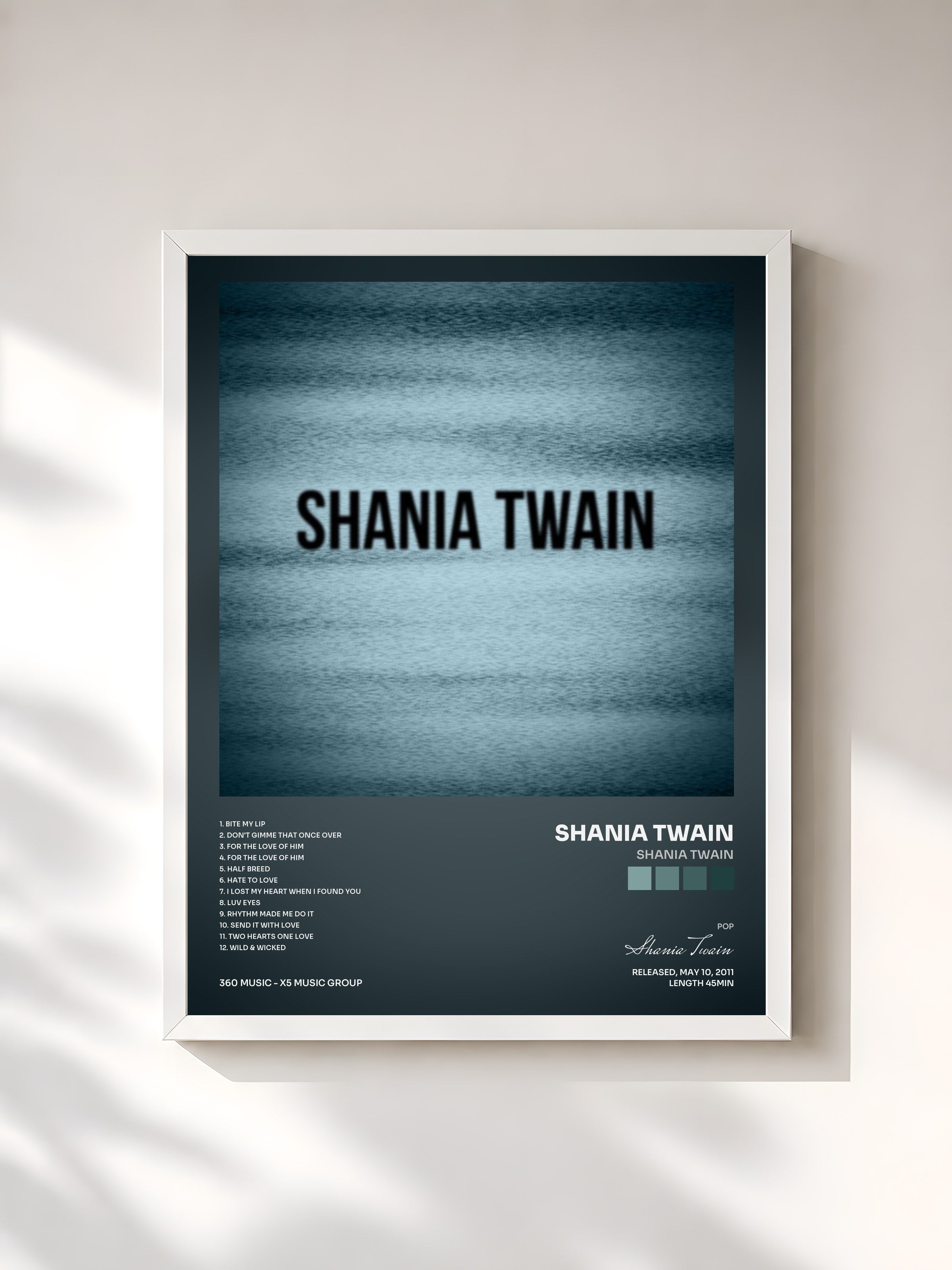 #blanc Tableau de l'album Shania Twain de Shania Twain, cadre blanc, imprimé et encadré en France