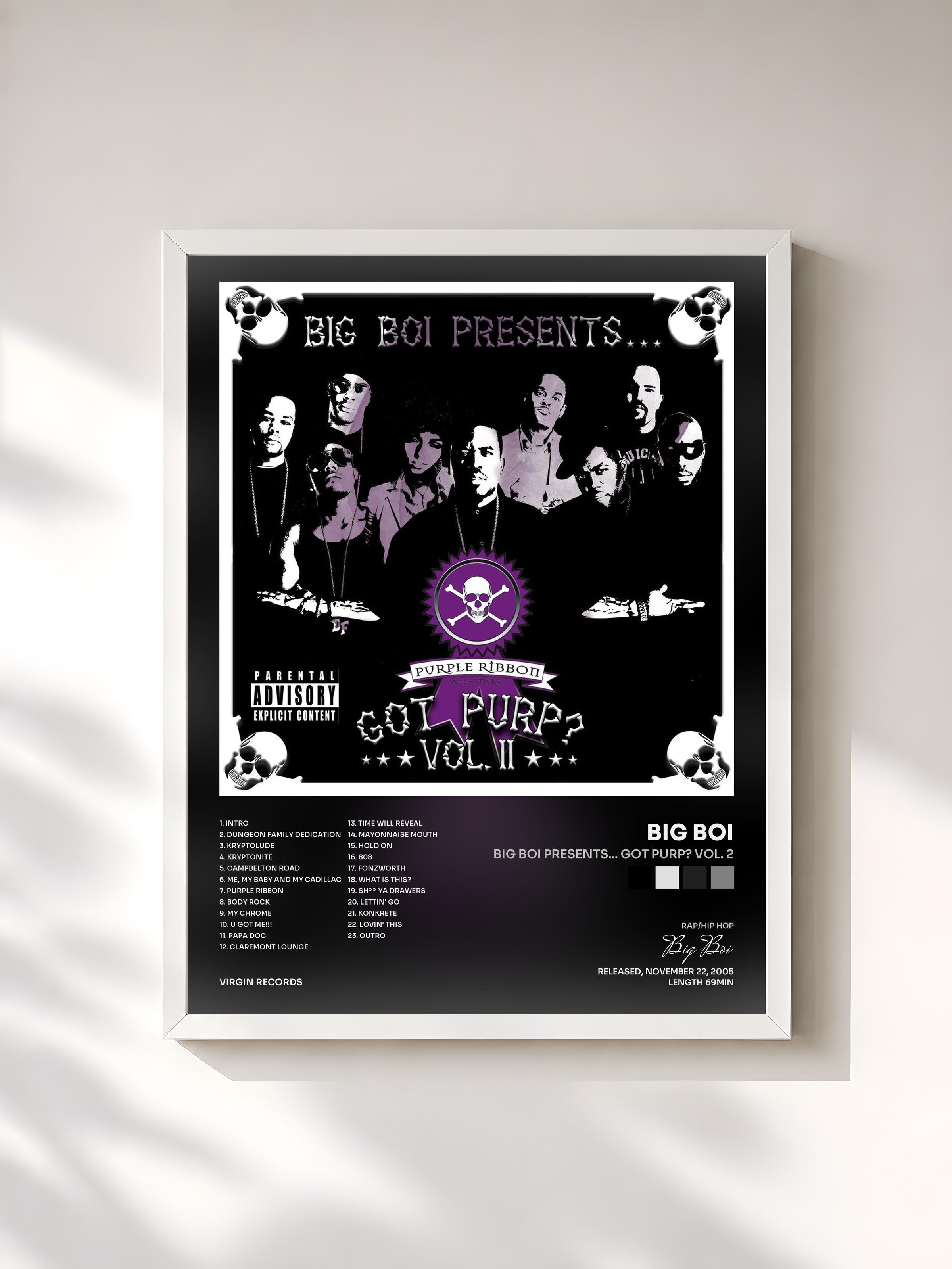 #blanc Tableau de l'album Big Boi Presents... Got Purp? Vol. 2 de Big Boi, cadre blanc, imprimé et encadré en France