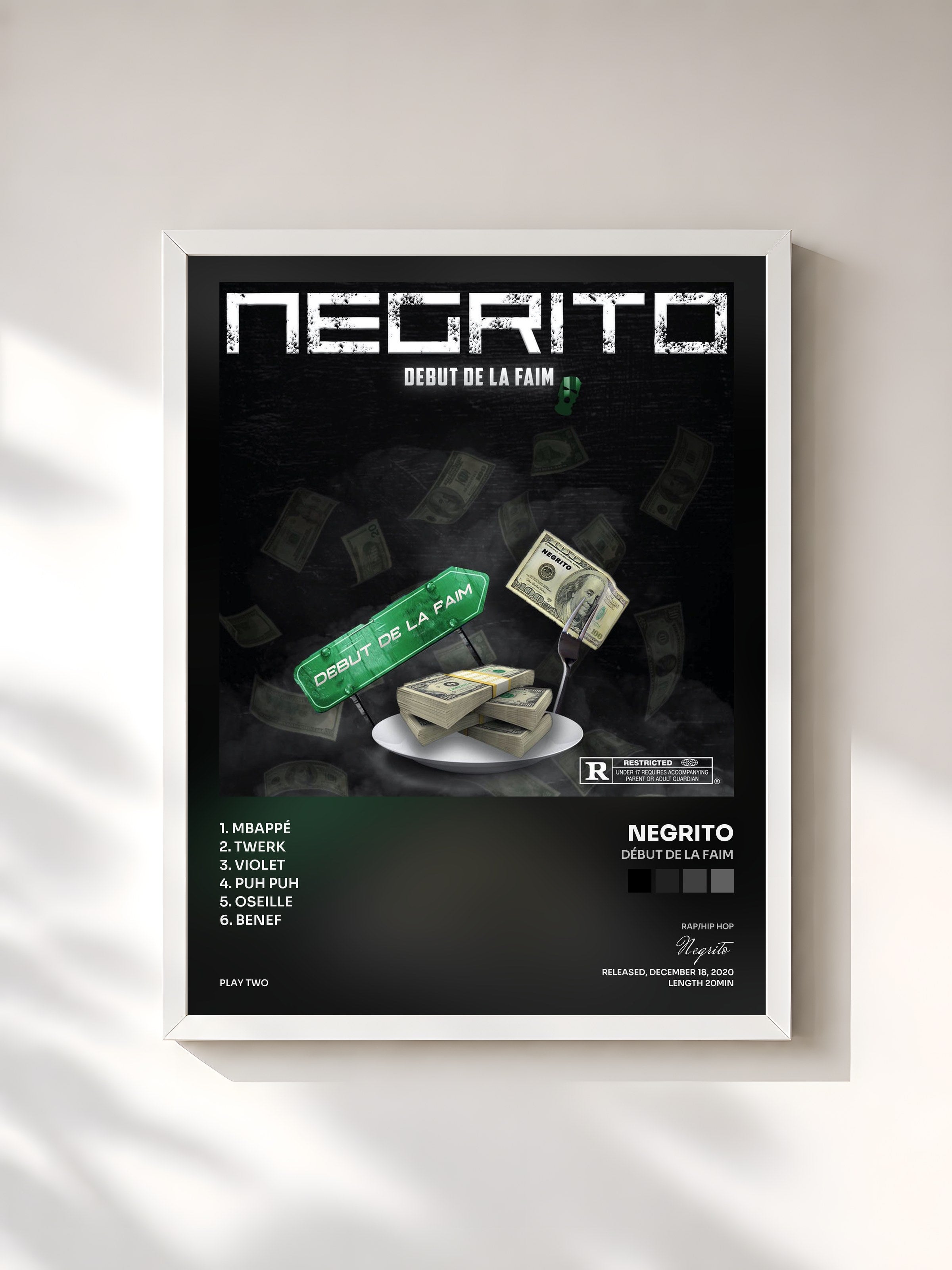 #blanc Tableau de l'album Début de la faim de Negrito, cadre blanc, imprimé et encadré en France