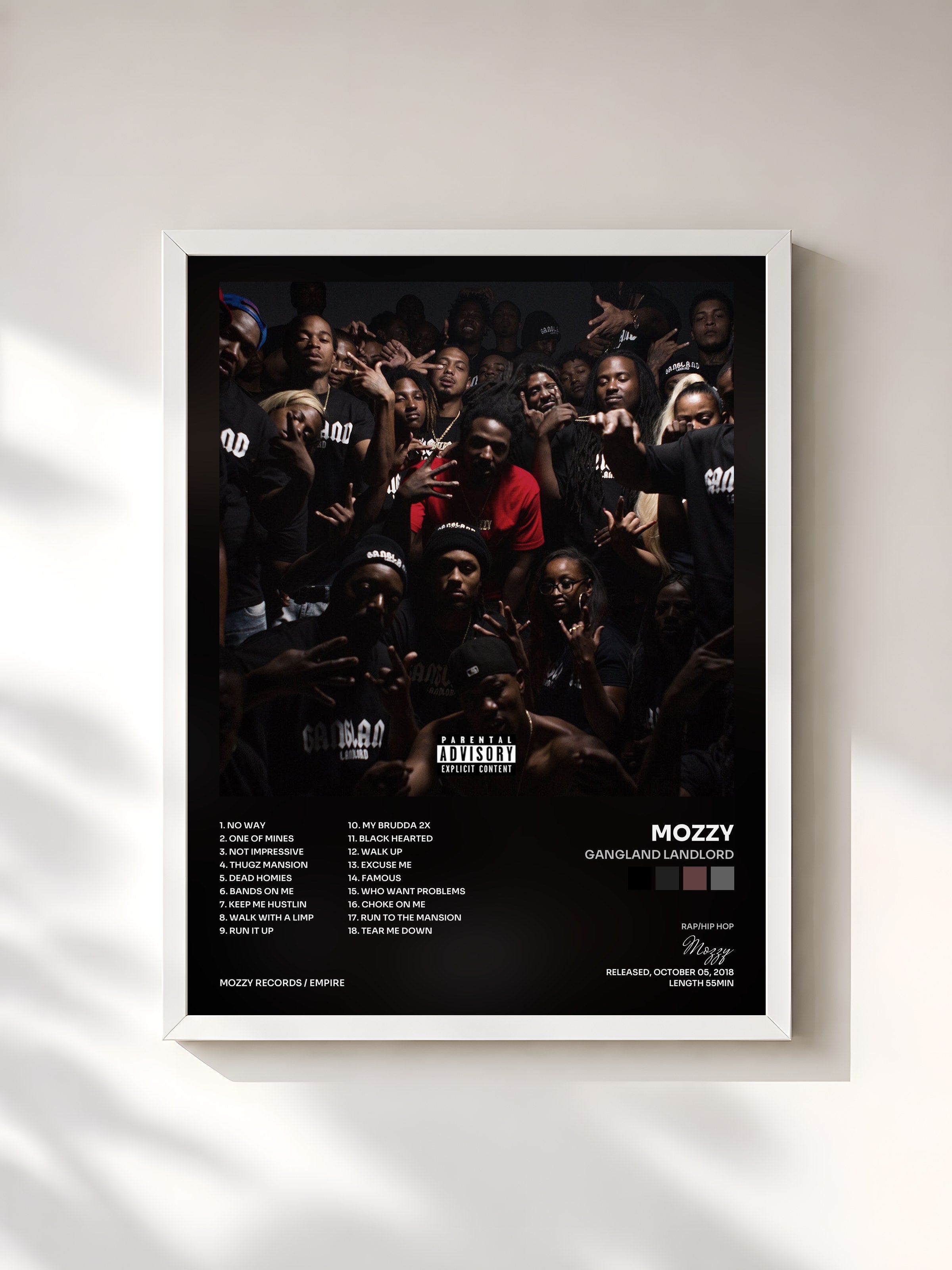 #blanc Tableau de l'album Gangland Landlord de Mozzy, cadre blanc, imprimé et encadré en France