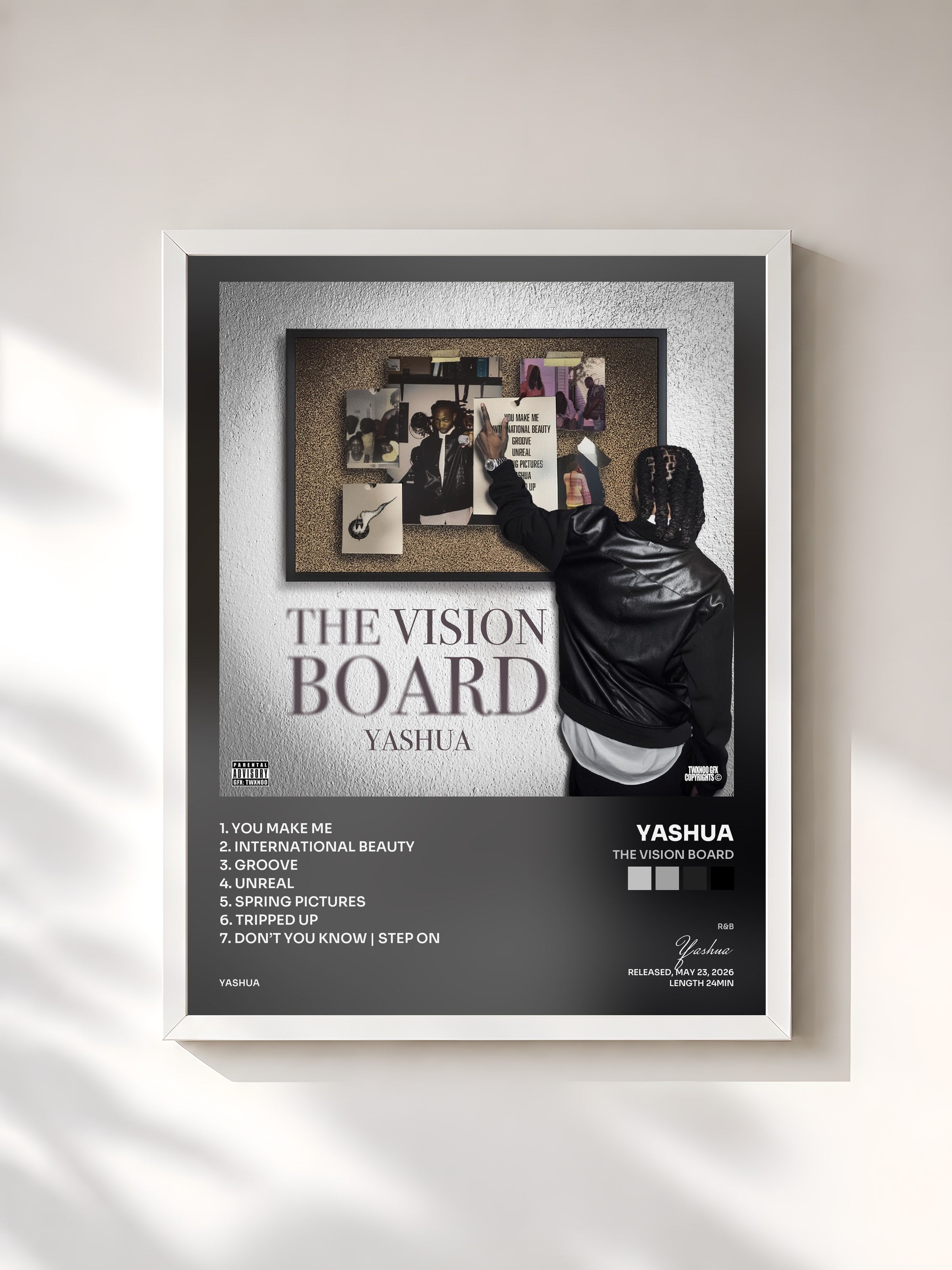 #blanc Tableau de l'album The Vision Board de Yashua, cadre blanc, imprimé et encadré en France