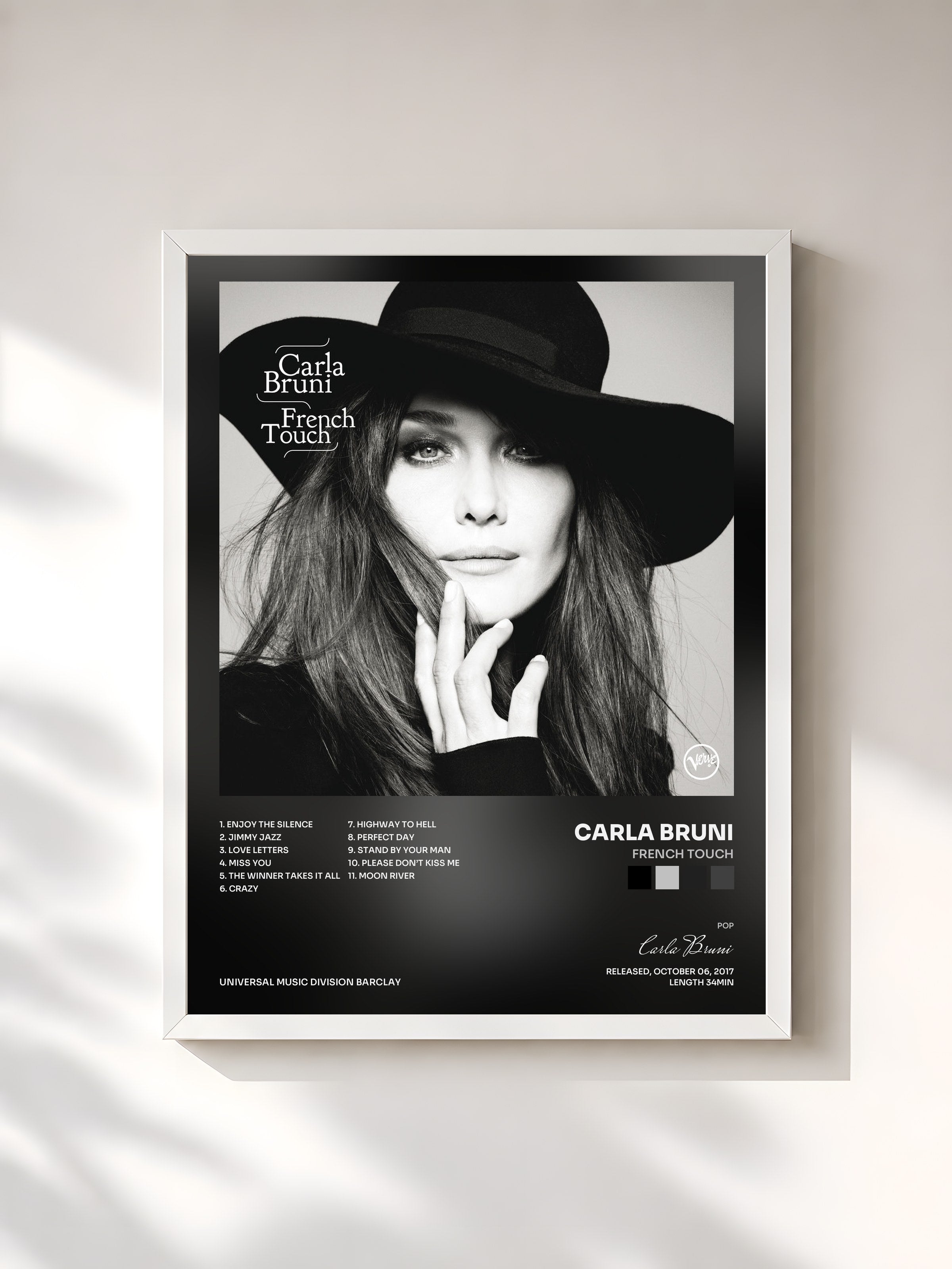 #blanc Tableau de l'album French Touch de Carla Bruni, cadre blanc, imprimé et encadré en France