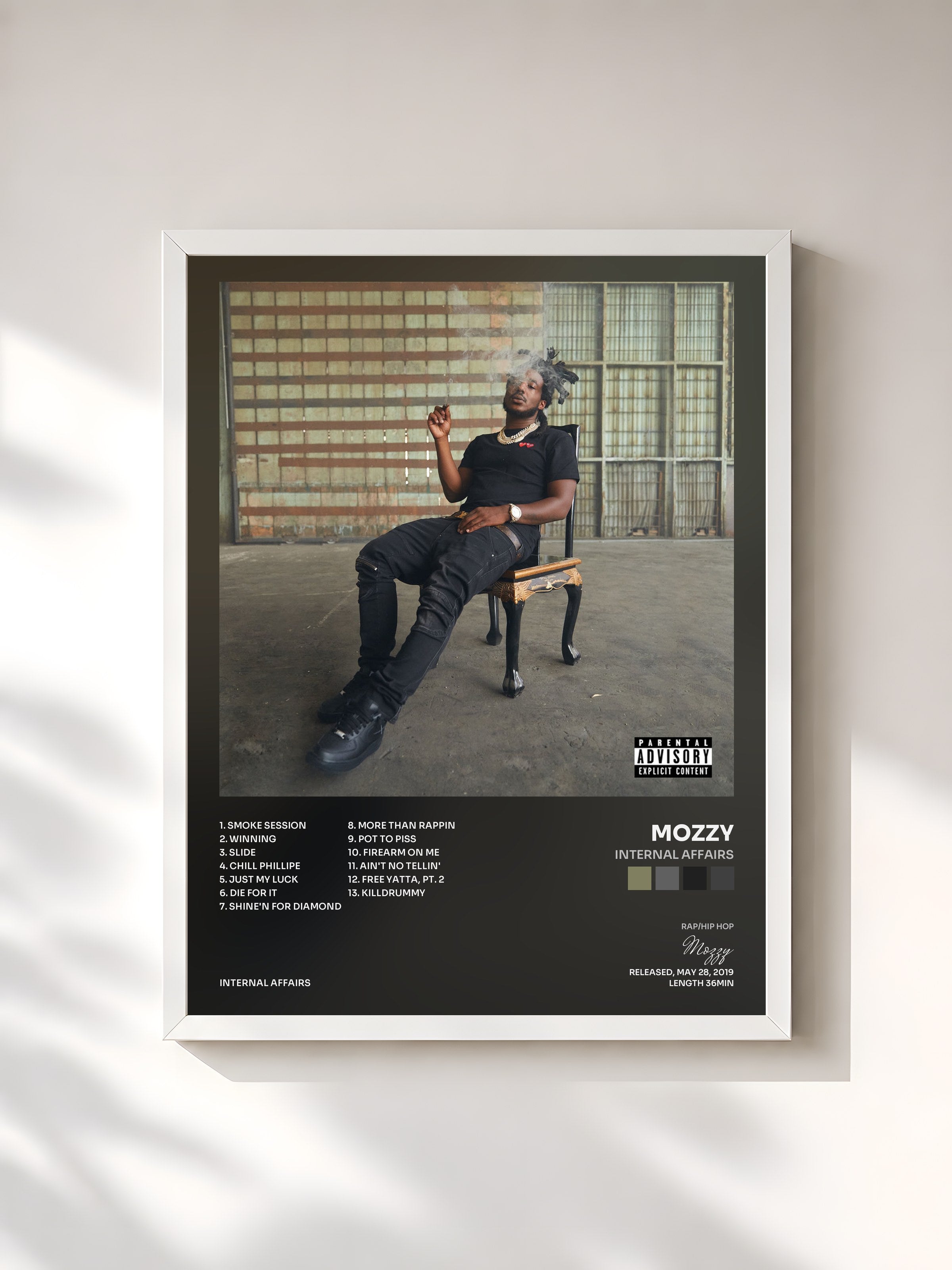 #blanc Tableau de l'album Internal Affairs de Mozzy, cadre blanc, imprimé et encadré en France