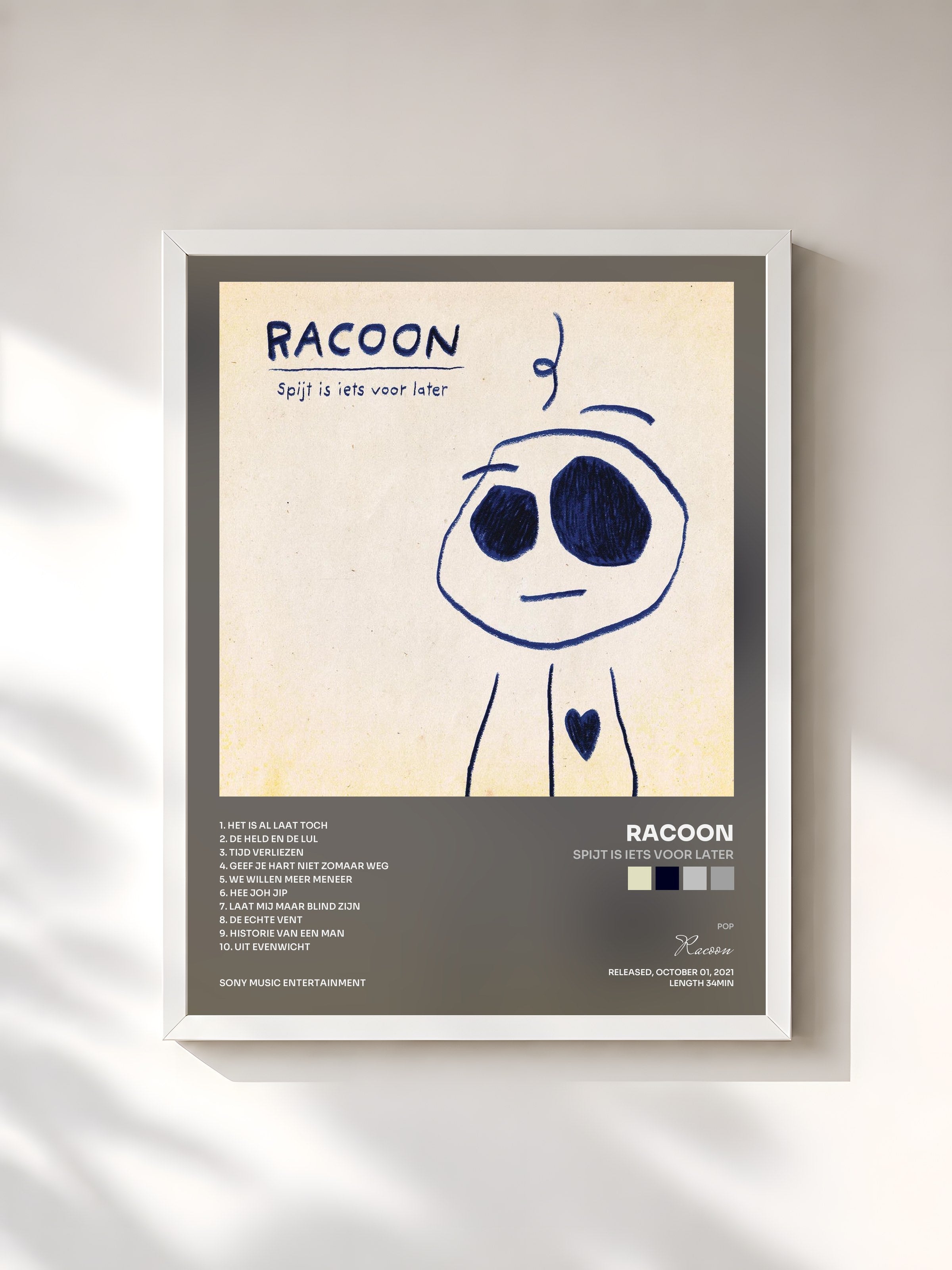 #blanc Tableau de l'album Spijt Is Iets Voor Later de Racoon, cadre blanc, imprimé et encadré en France