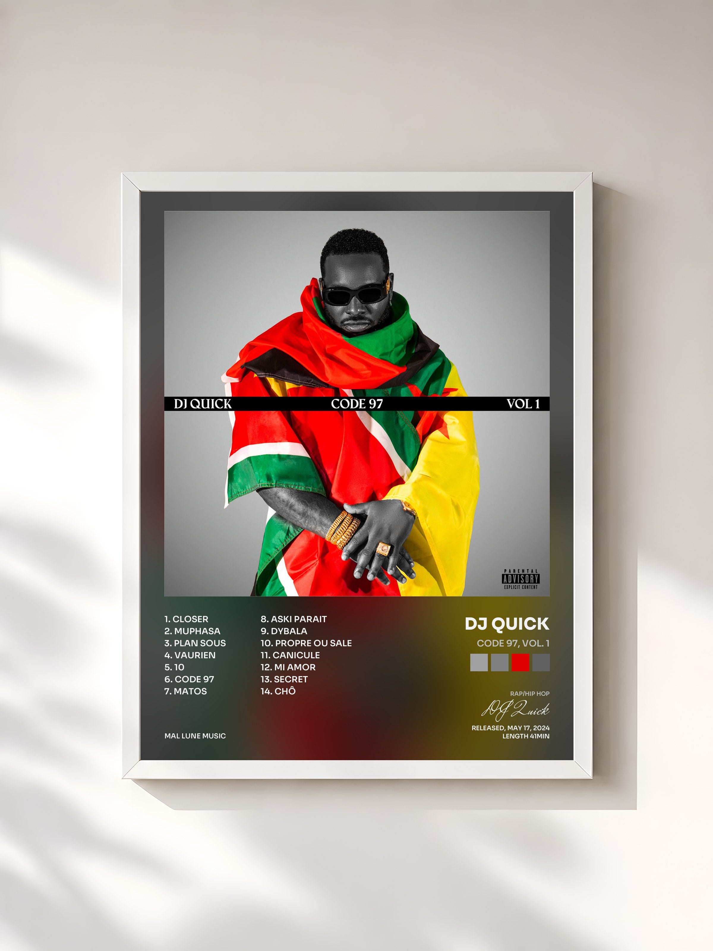 #blanc Tableau de l'album CODE 97, Vol. 1 de DJ Quick, cadre blanc, imprimé et encadré en France