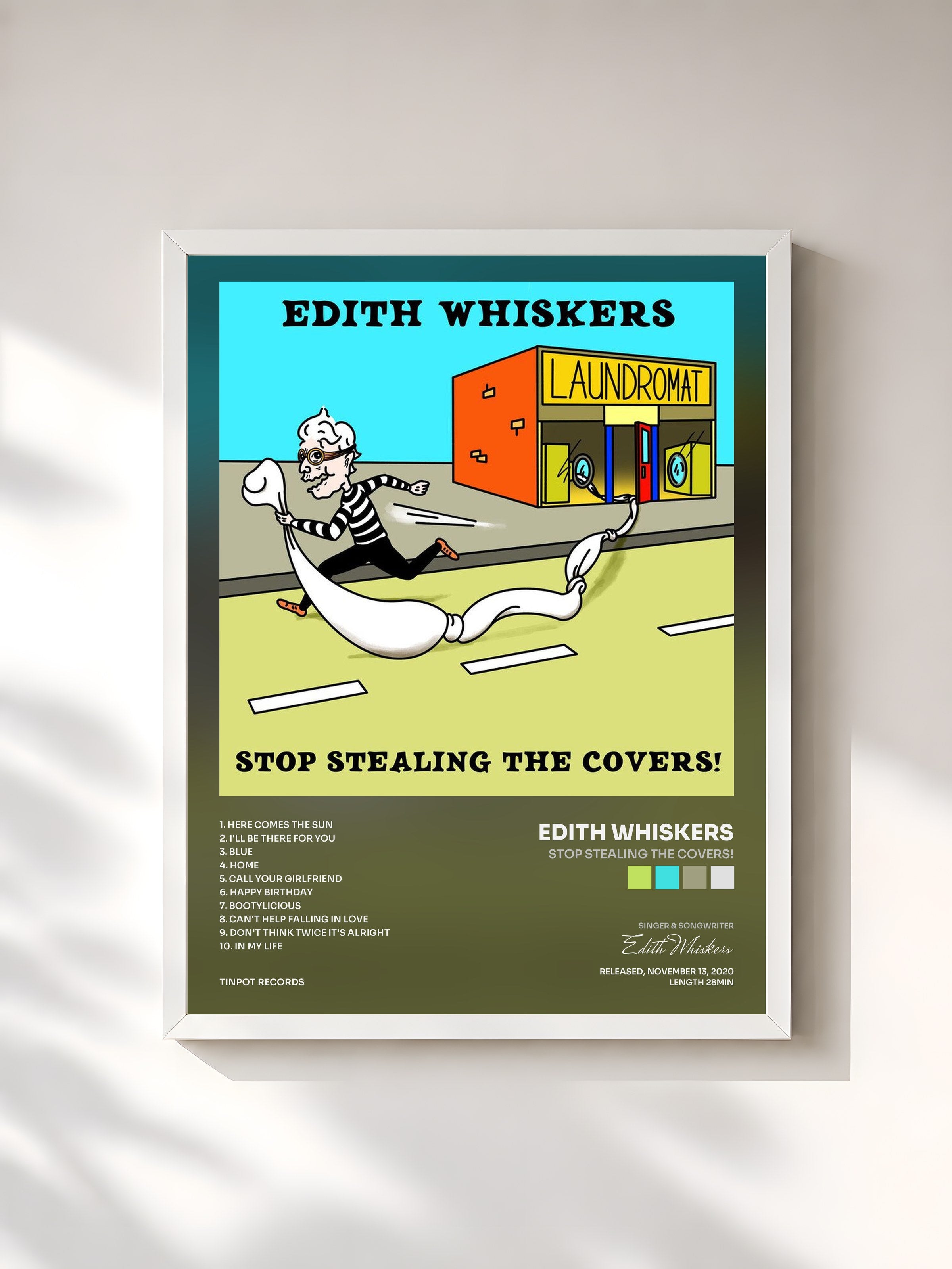 #blanc Tableau de l'album Stop Stealing The Covers! de Edith Whiskers, cadre blanc, imprimé et encadré en France