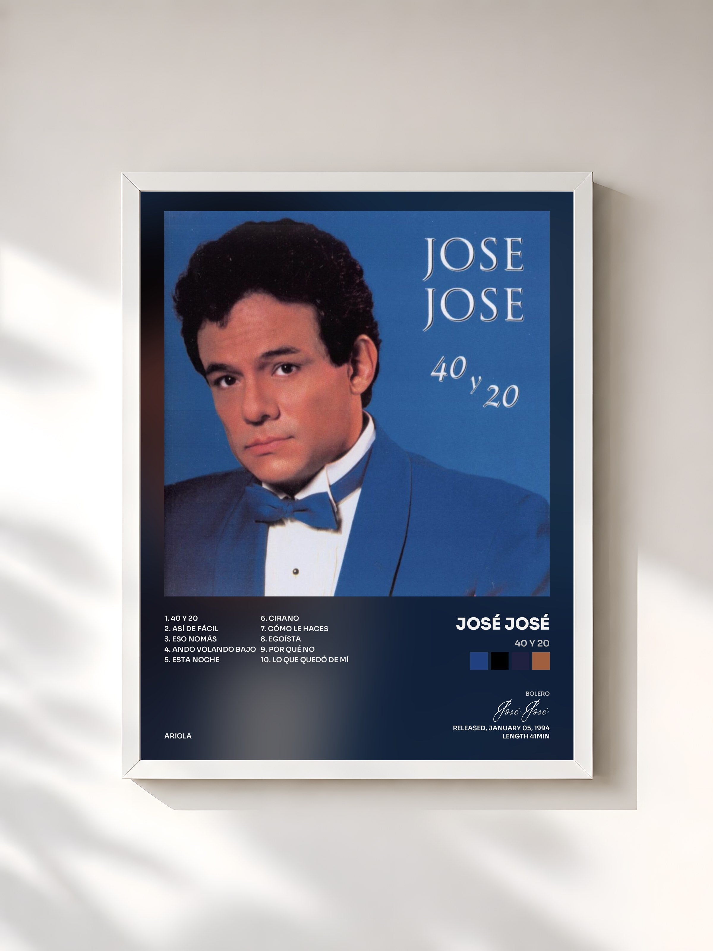 #blanc Tableau de l'album 40 Y 20 de José José, cadre blanc, imprimé et encadré en France