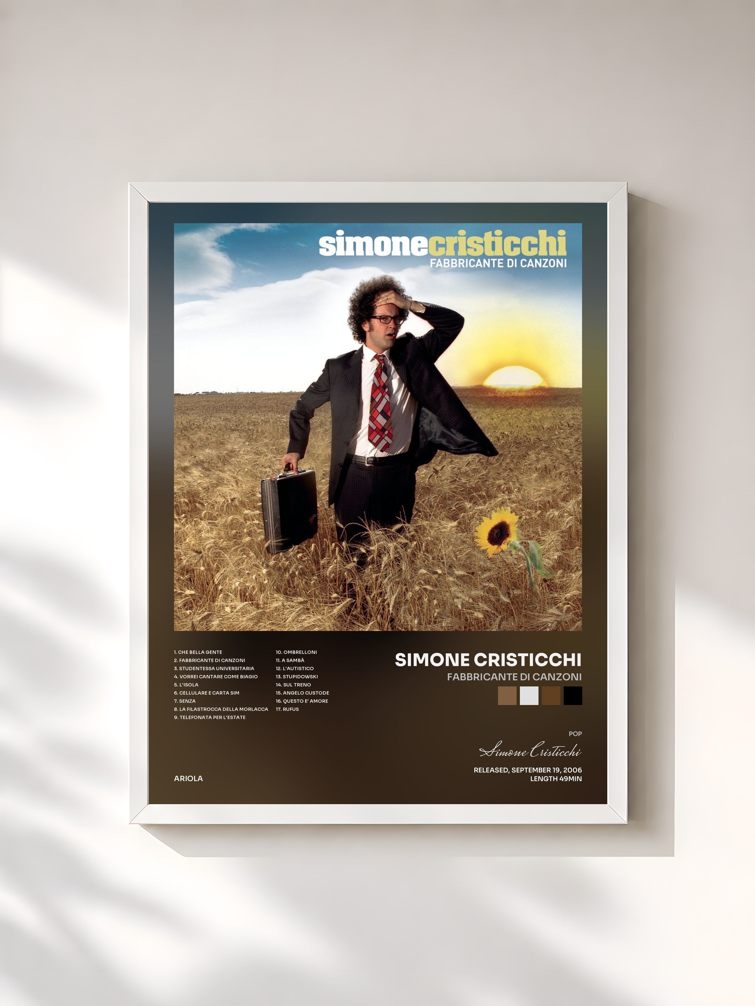 #blanc Tableau de l'album Fabbricante di canzoni de Simone Cristicchi, cadre blanc, imprimé et encadré en France