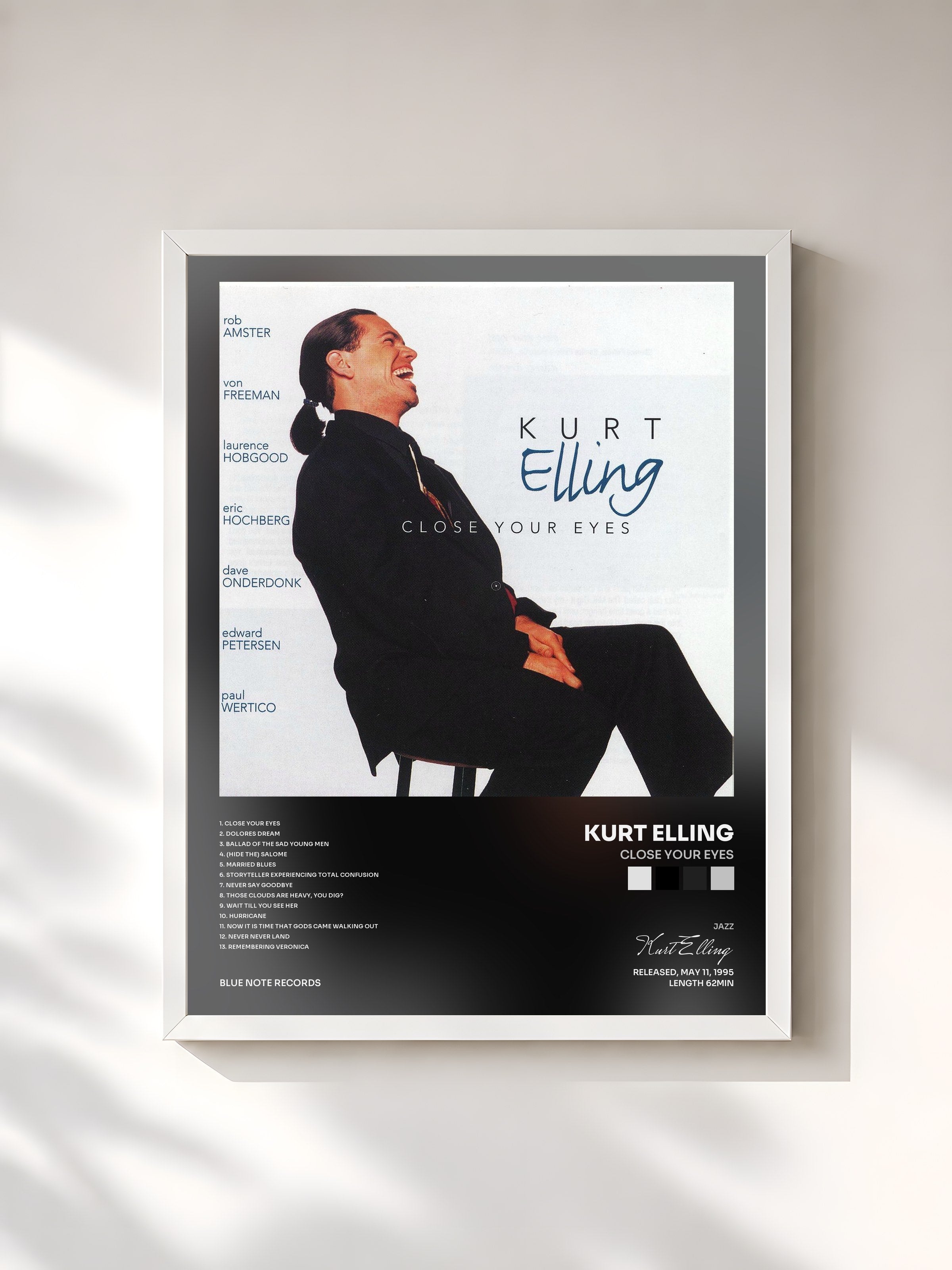 #blanc Tableau de l'album Close Your Eyes de Kurt Elling, cadre blanc, imprimé et encadré en France