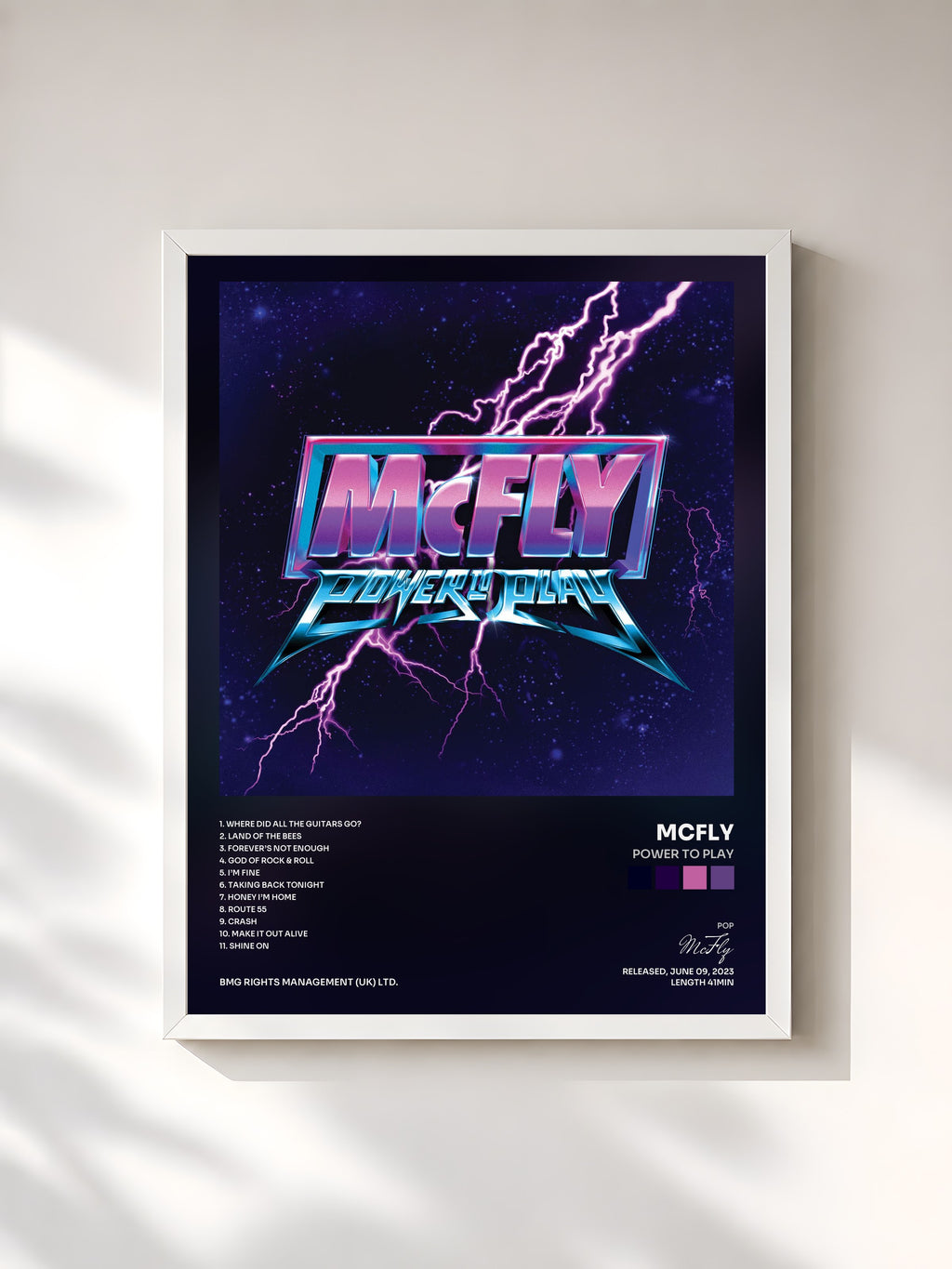 #blanc Tableau de l'album Power to Play de McFly, cadre blanc, imprimé et encadré en France