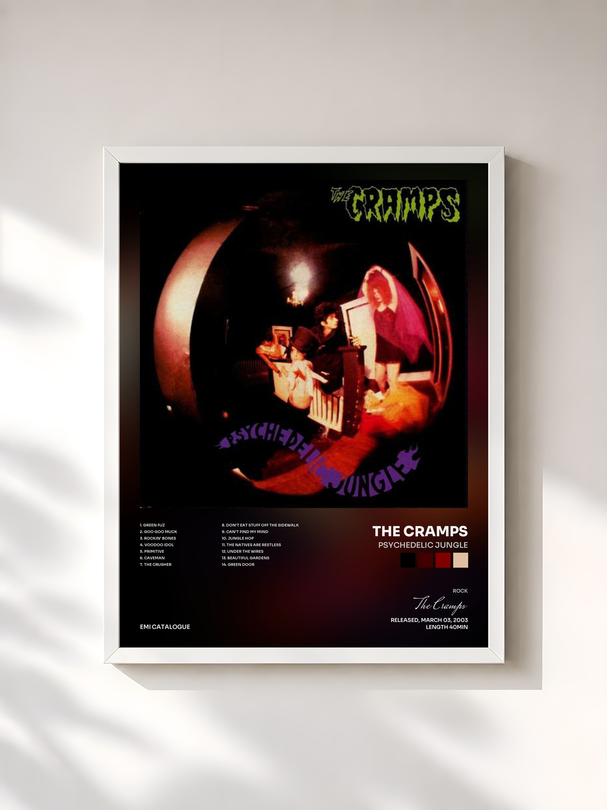 #blanc Tableau de l'album Psychedelic Jungle de The Cramps, cadre blanc, imprimé et encadré en France