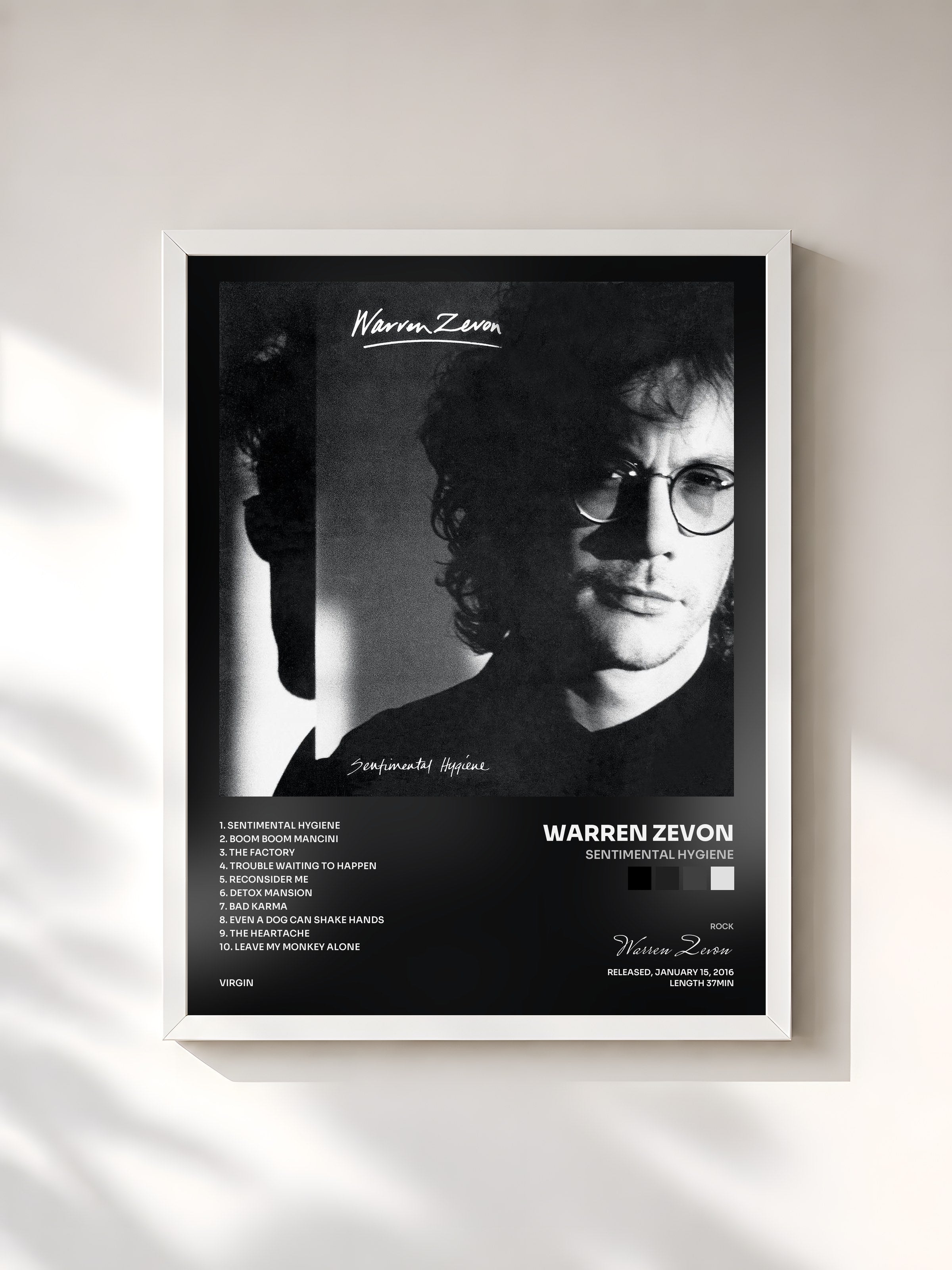 #blanc Tableau de l'album Sentimental Hygiene de Warren Zevon, cadre blanc, imprimé et encadré en France
