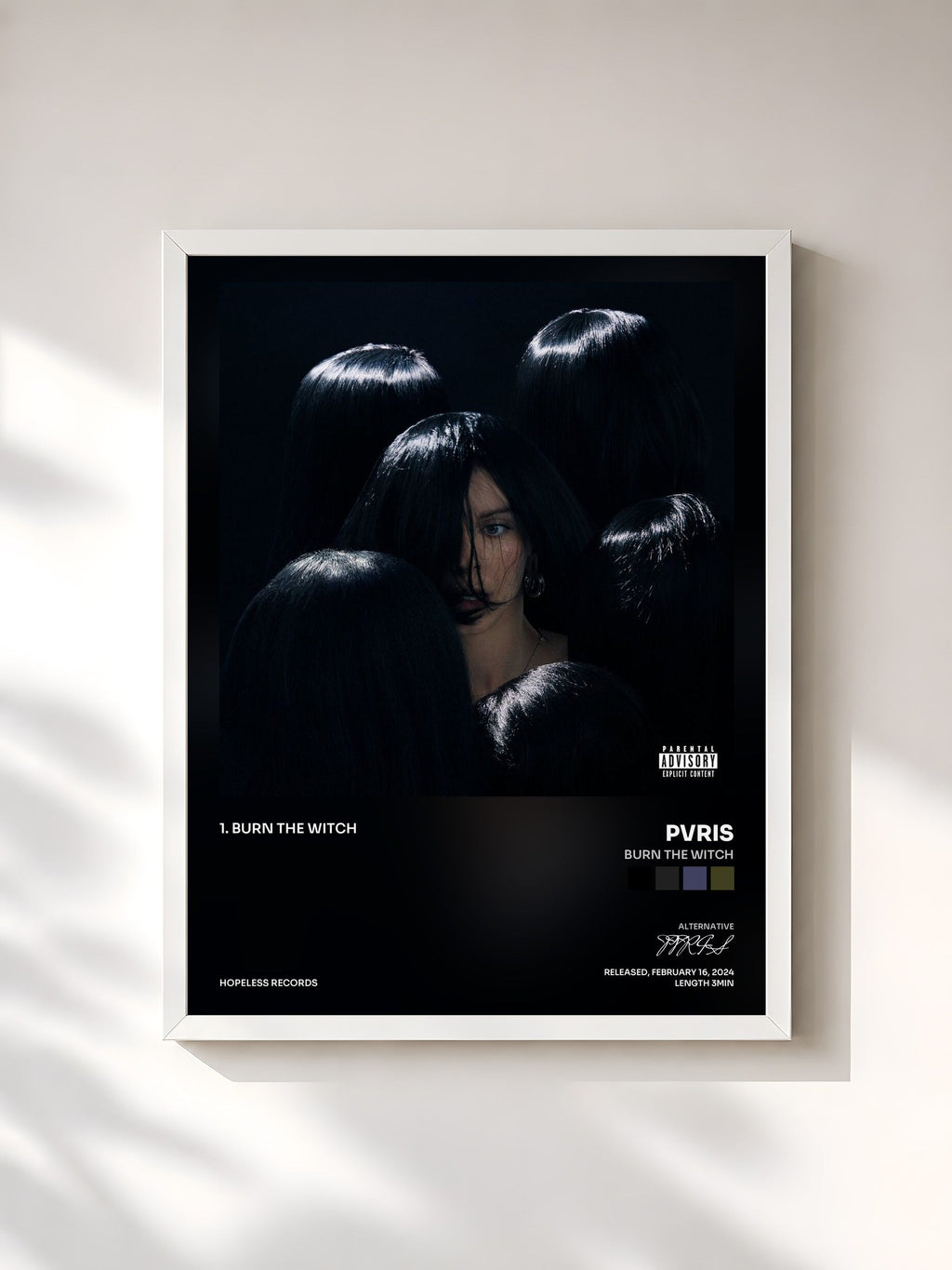 #blanc Tableau de l'album BURN THE WITCH de PVRIS, cadre blanc, imprimé et encadré en France