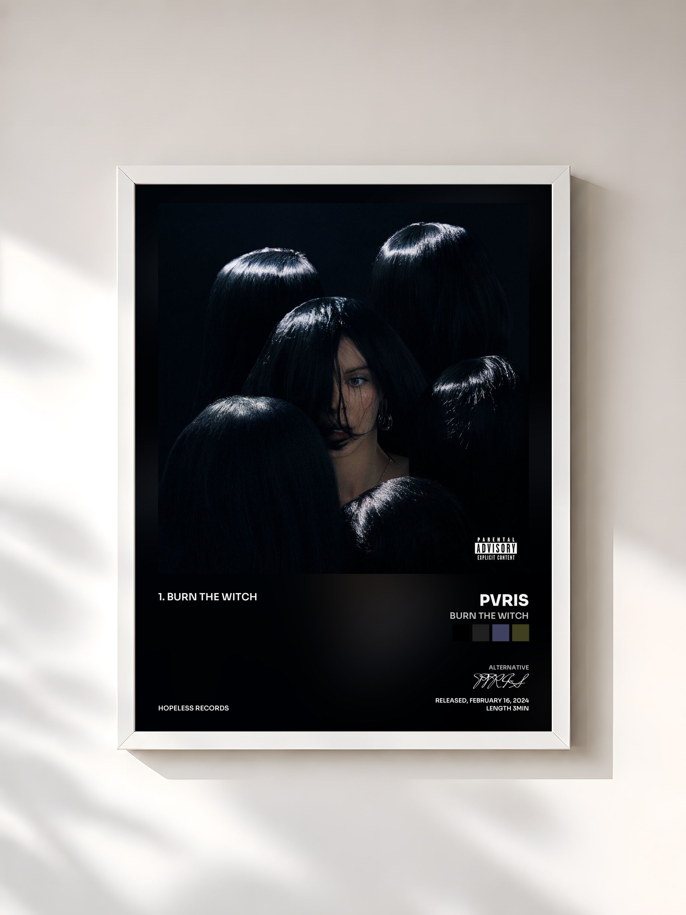 #blanc Tableau de l'album BURN THE WITCH de PVRIS, cadre blanc, imprimé et encadré en France