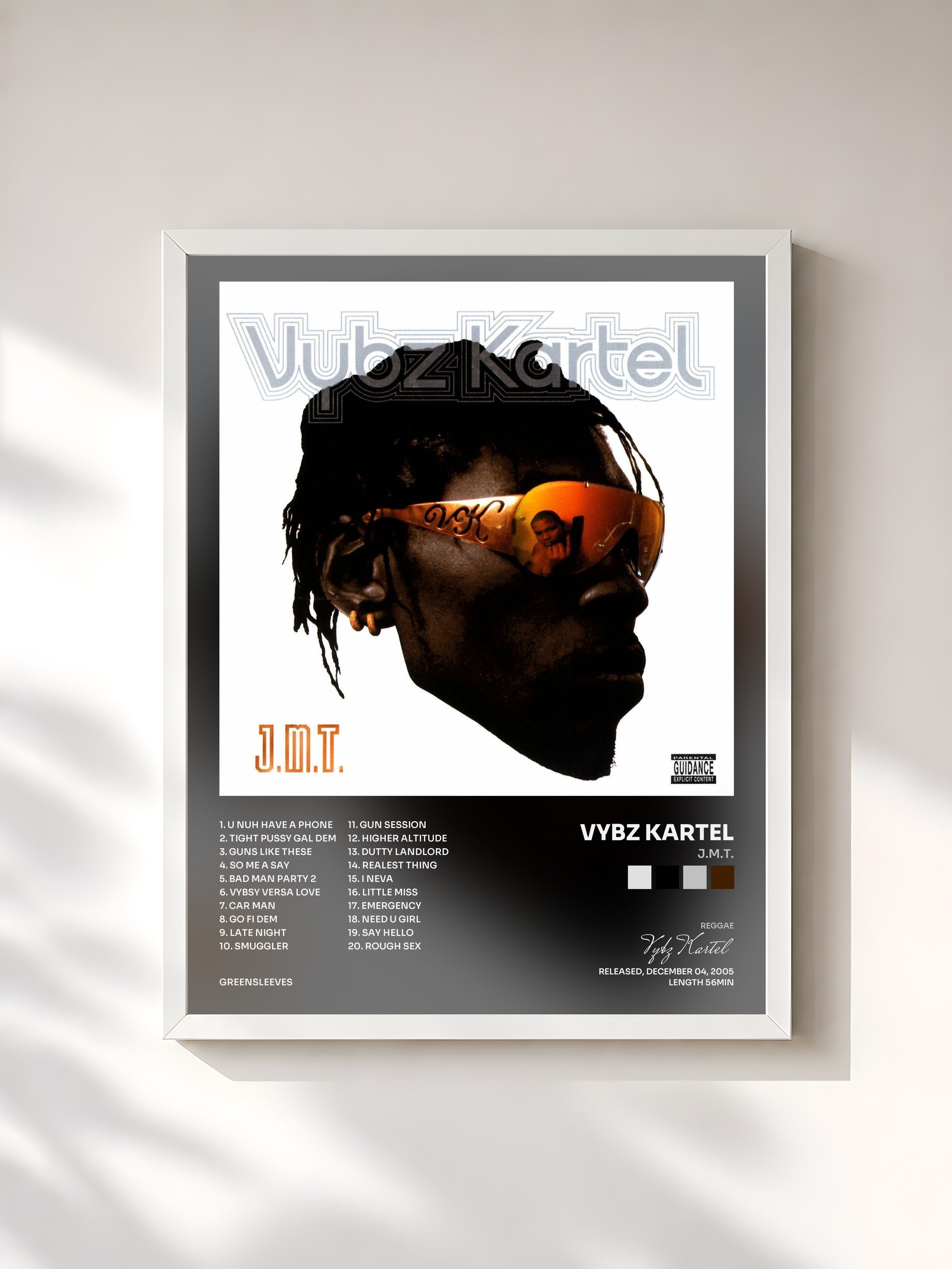 #blanc Tableau de l'album J.M.T. de Vybz Kartel, cadre blanc, imprimé et encadré en France