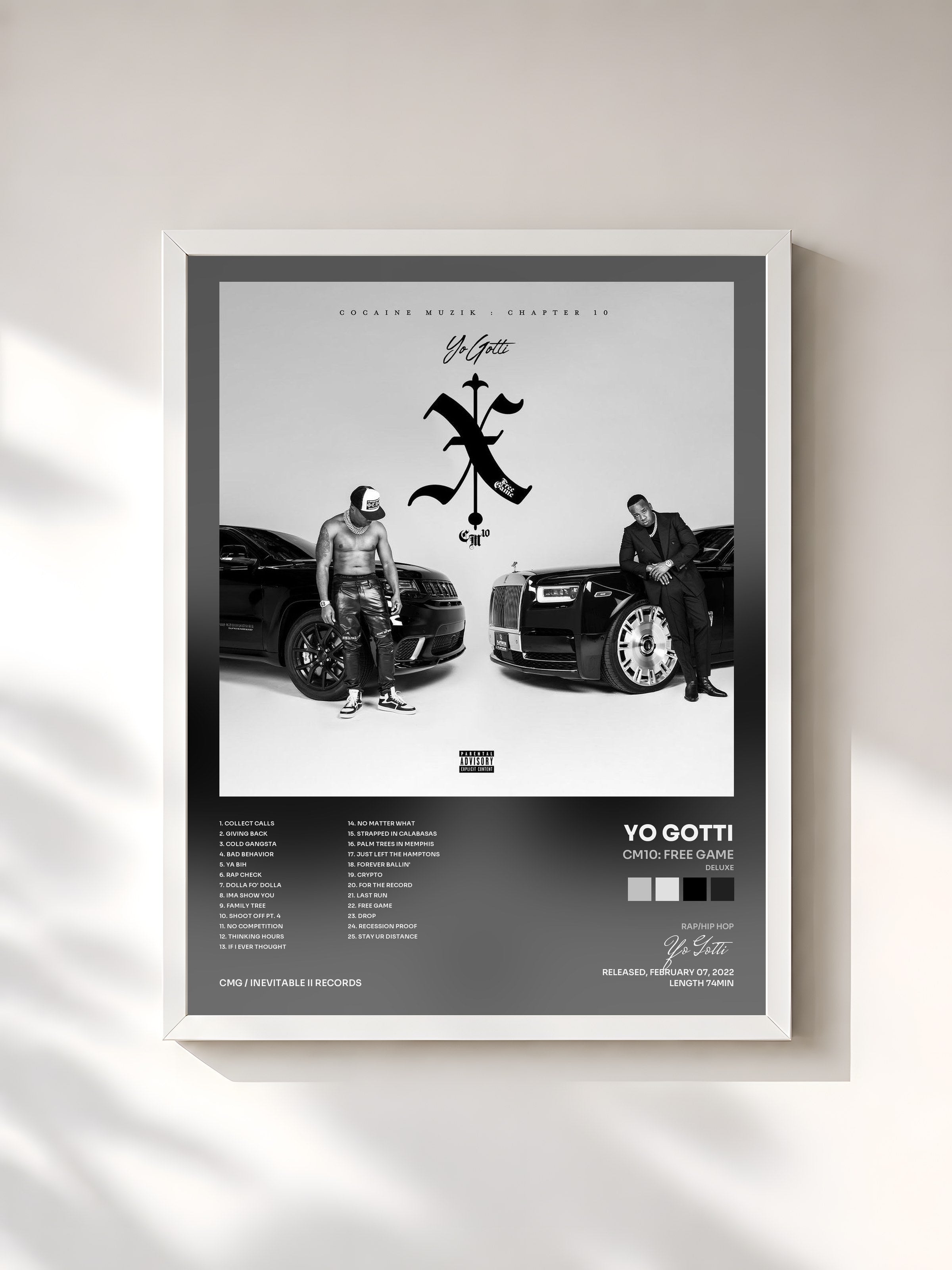 #blanc Tableau de l'album CM10: Free Game (Deluxe) de Yo Gotti, cadre blanc, imprimé et encadré en France