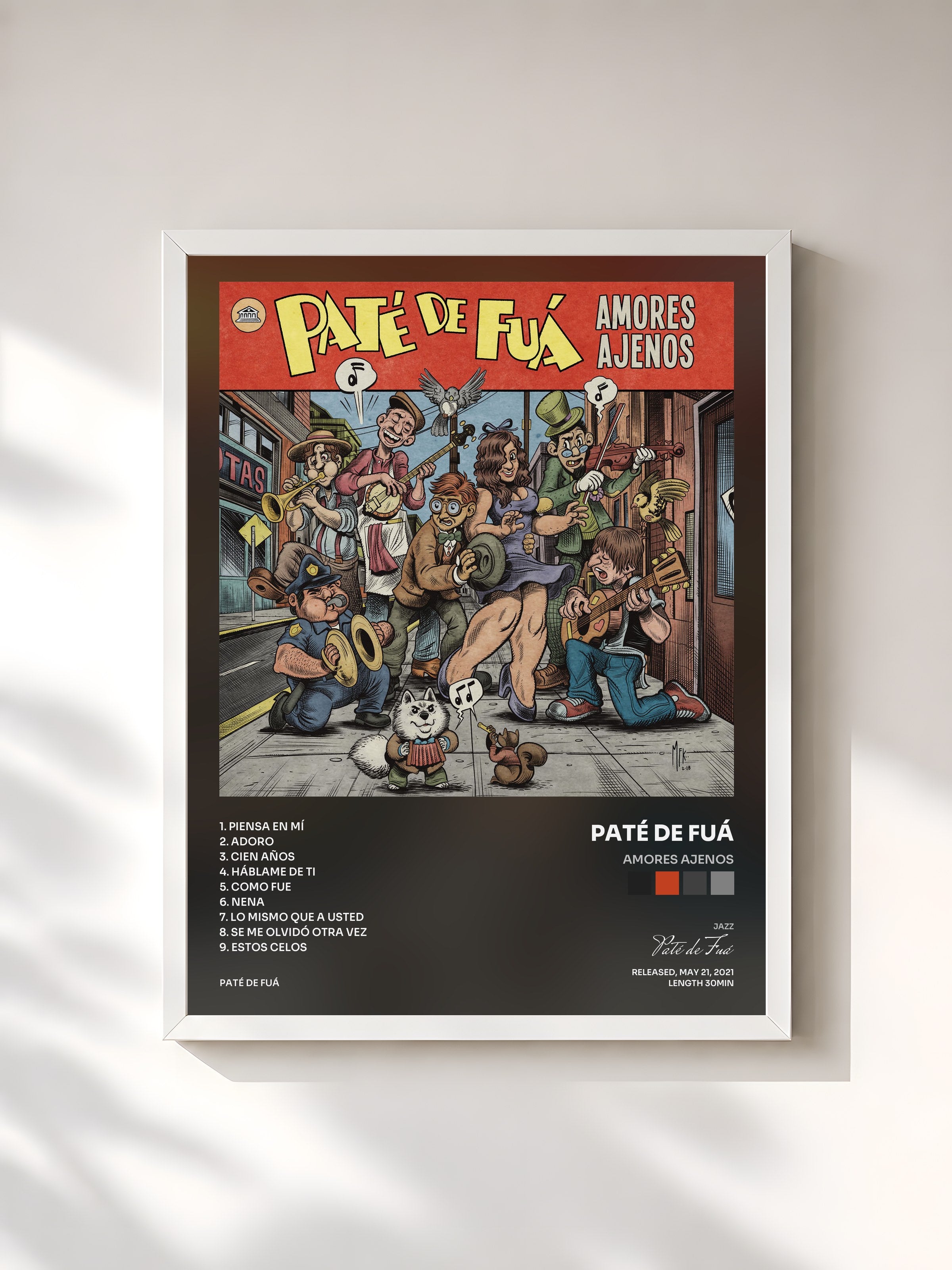 #blanc Tableau de l'album Amores Ajenos de Paté de Fuá, cadre blanc, imprimé et encadré en France