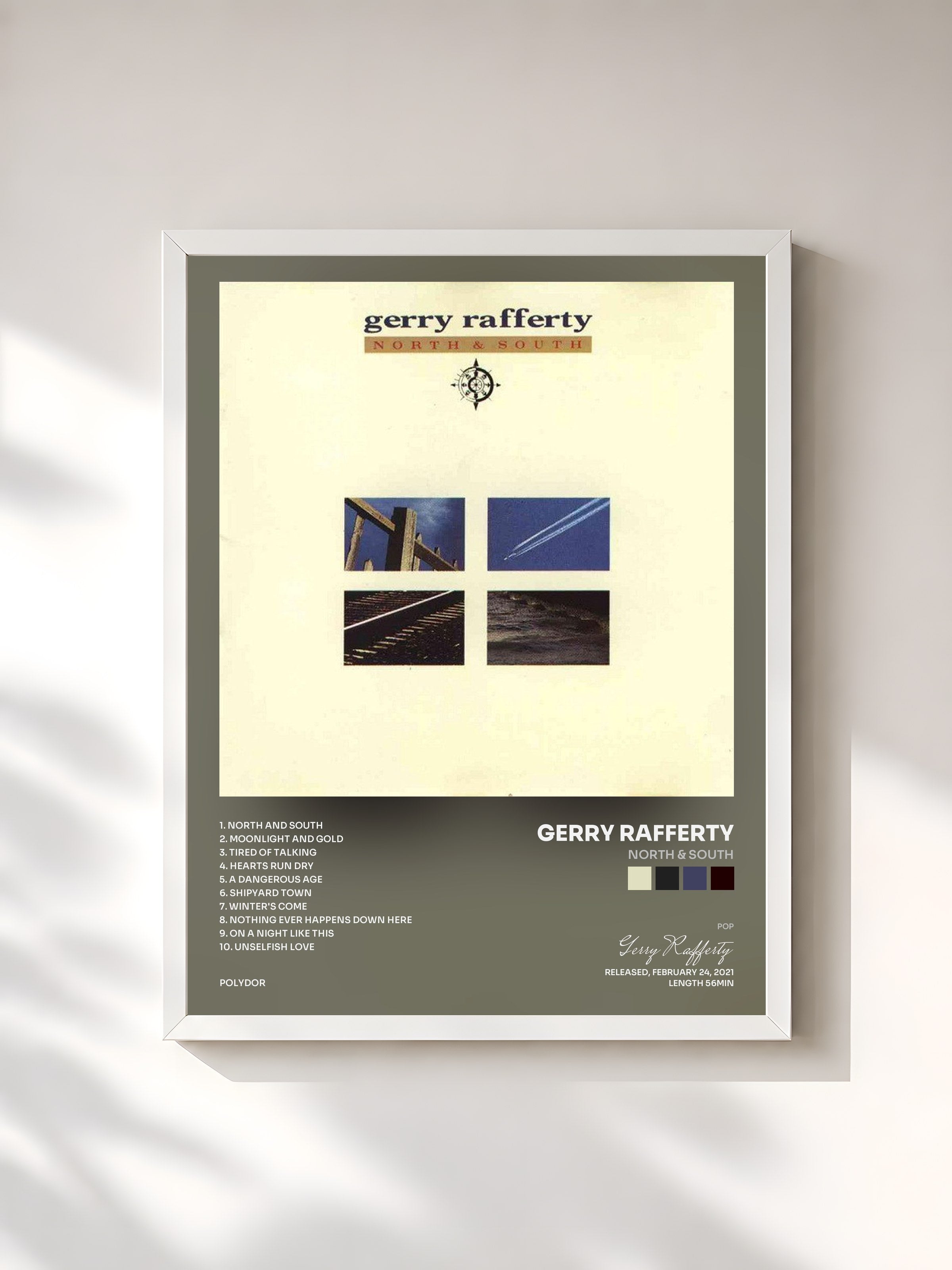 #blanc Tableau de l'album North & South de Gerry Rafferty, cadre blanc, imprimé et encadré en France