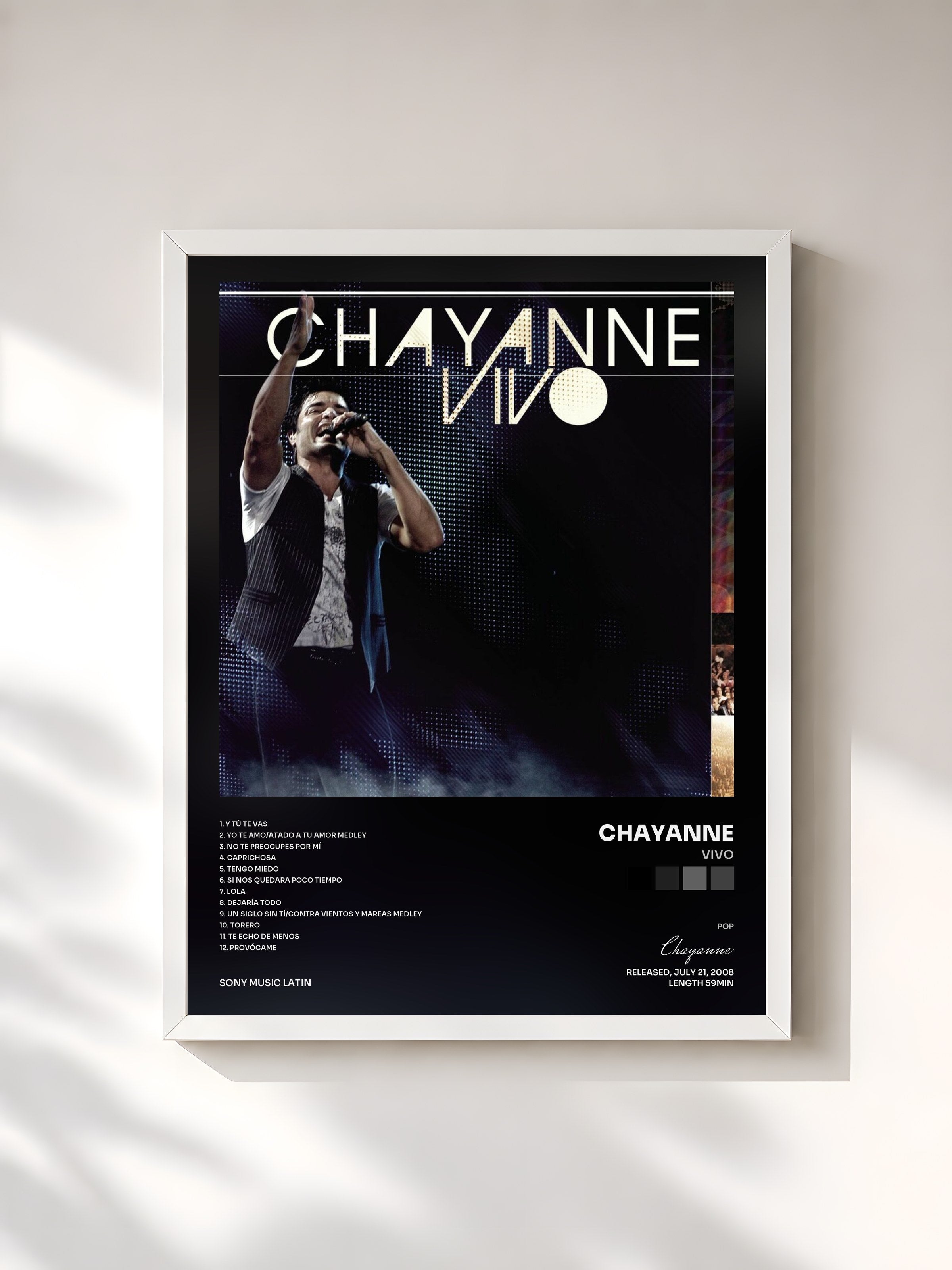 #blanc Tableau de l'album Vivo de Chayanne, cadre blanc, imprimé et encadré en France