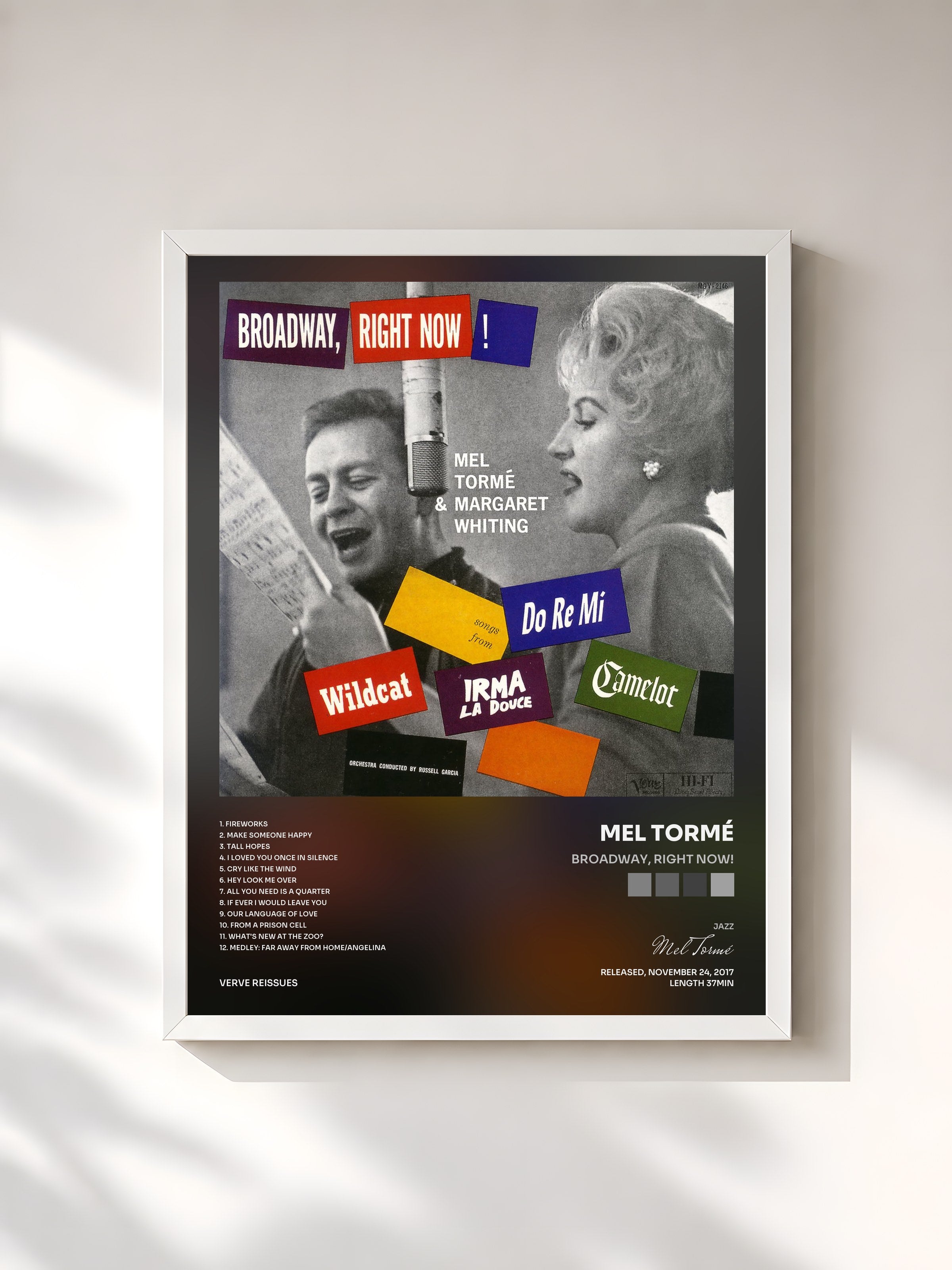#blanc Tableau de l'album Broadway, Right Now! de Mel Tormé, cadre blanc, imprimé et encadré en France