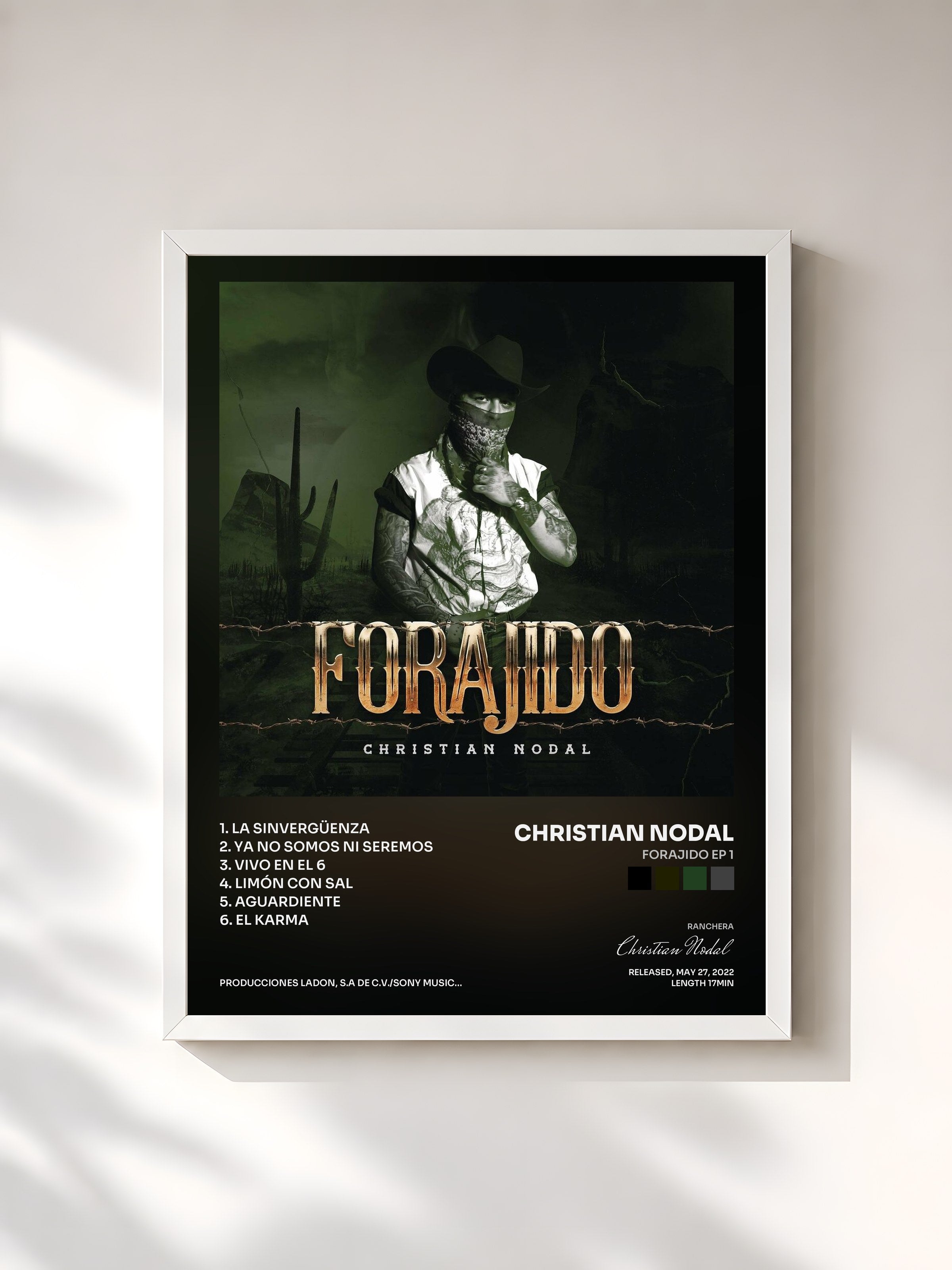 #blanc Tableau de l'album Forajido EP 1 de Christian Nodal, cadre blanc, imprimé et encadré en France