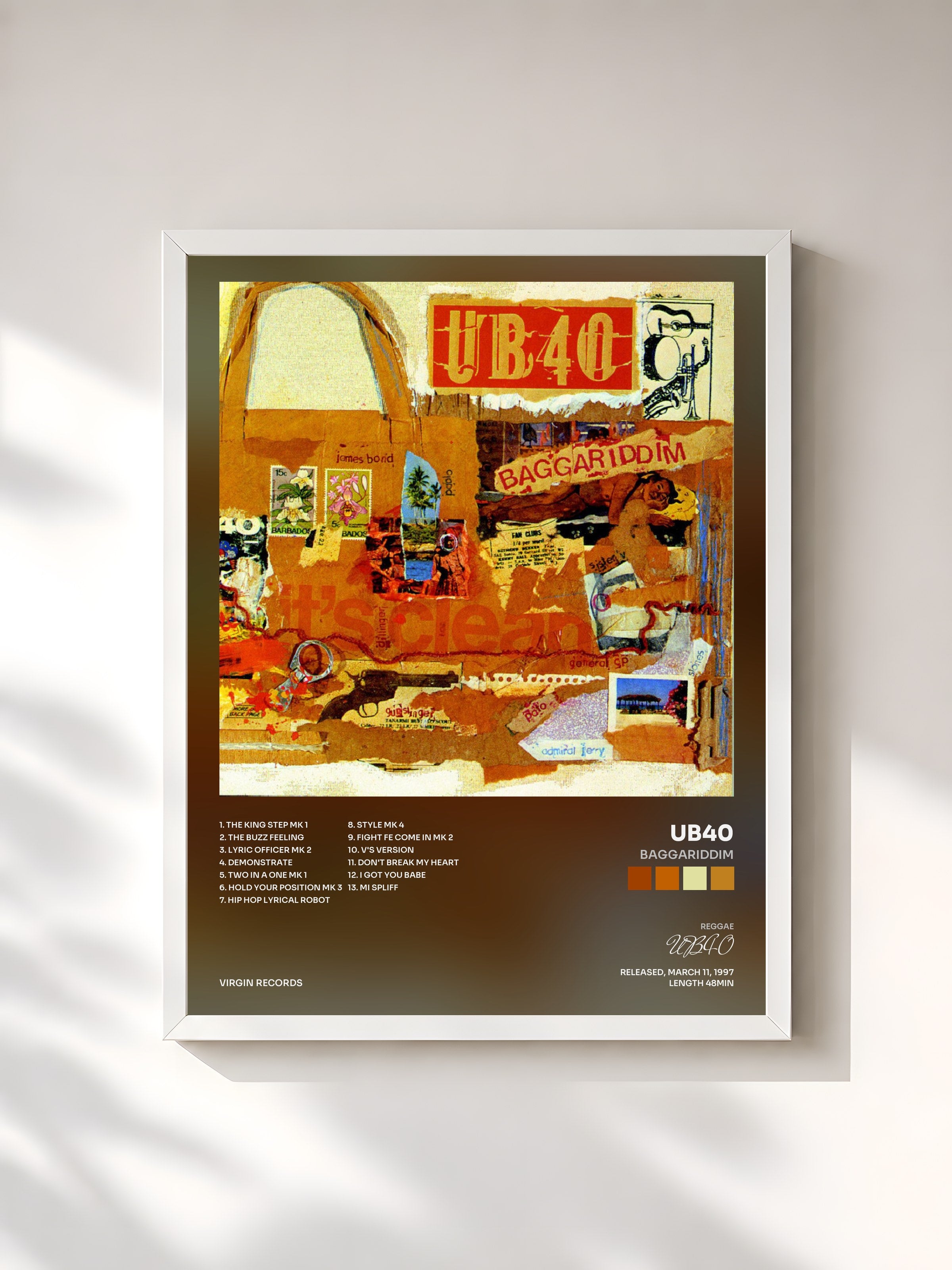 #blanc Tableau de l'album Baggariddim de UB40, cadre blanc, imprimé et encadré en France